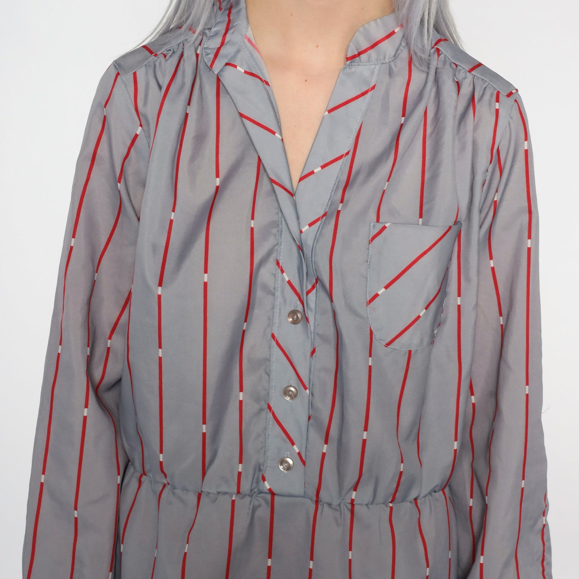 80s Striped Button-Up Mini Dress Grey Red Shirtdress Medium