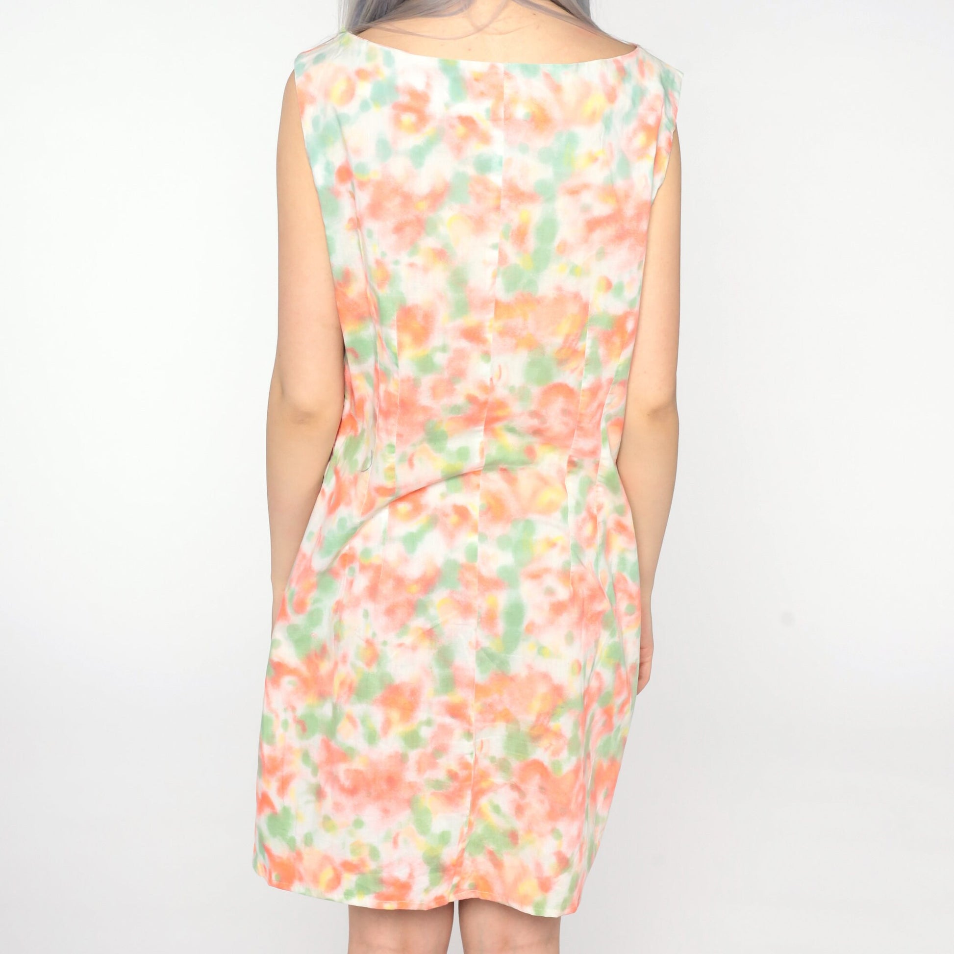 1960s Mod Floral Mini Dress White Sleeveless Shift Medium Large