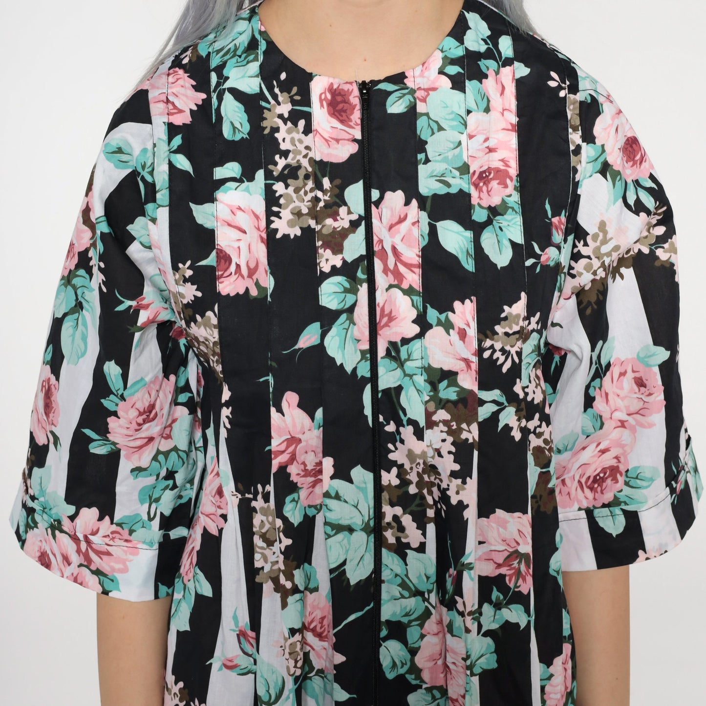 80s Floral Print Mini Dress Front Zip Shift Dress Black White Small