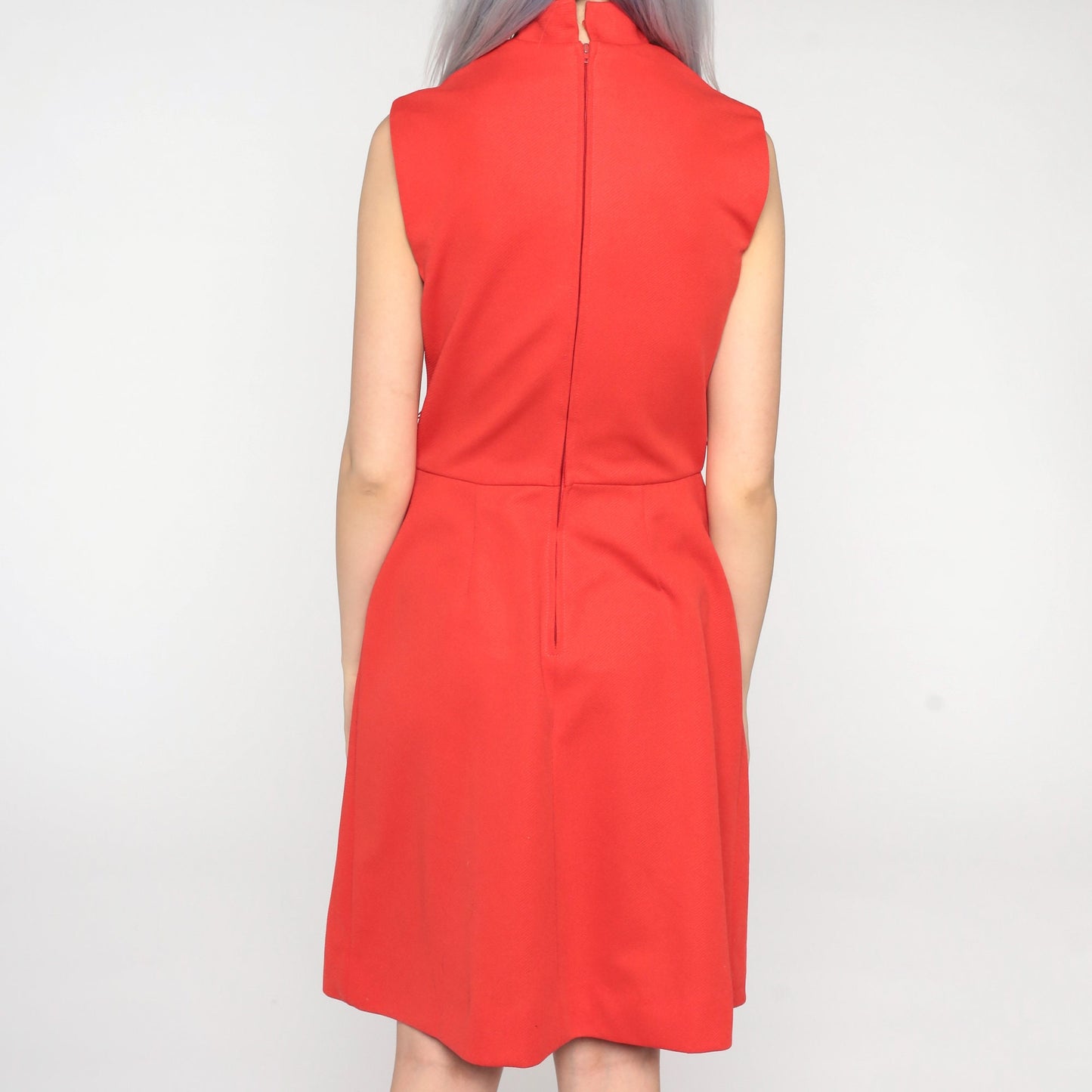 60s Mod Dress Red Ascot Shift Knee-Length Pleated Polyester Small S