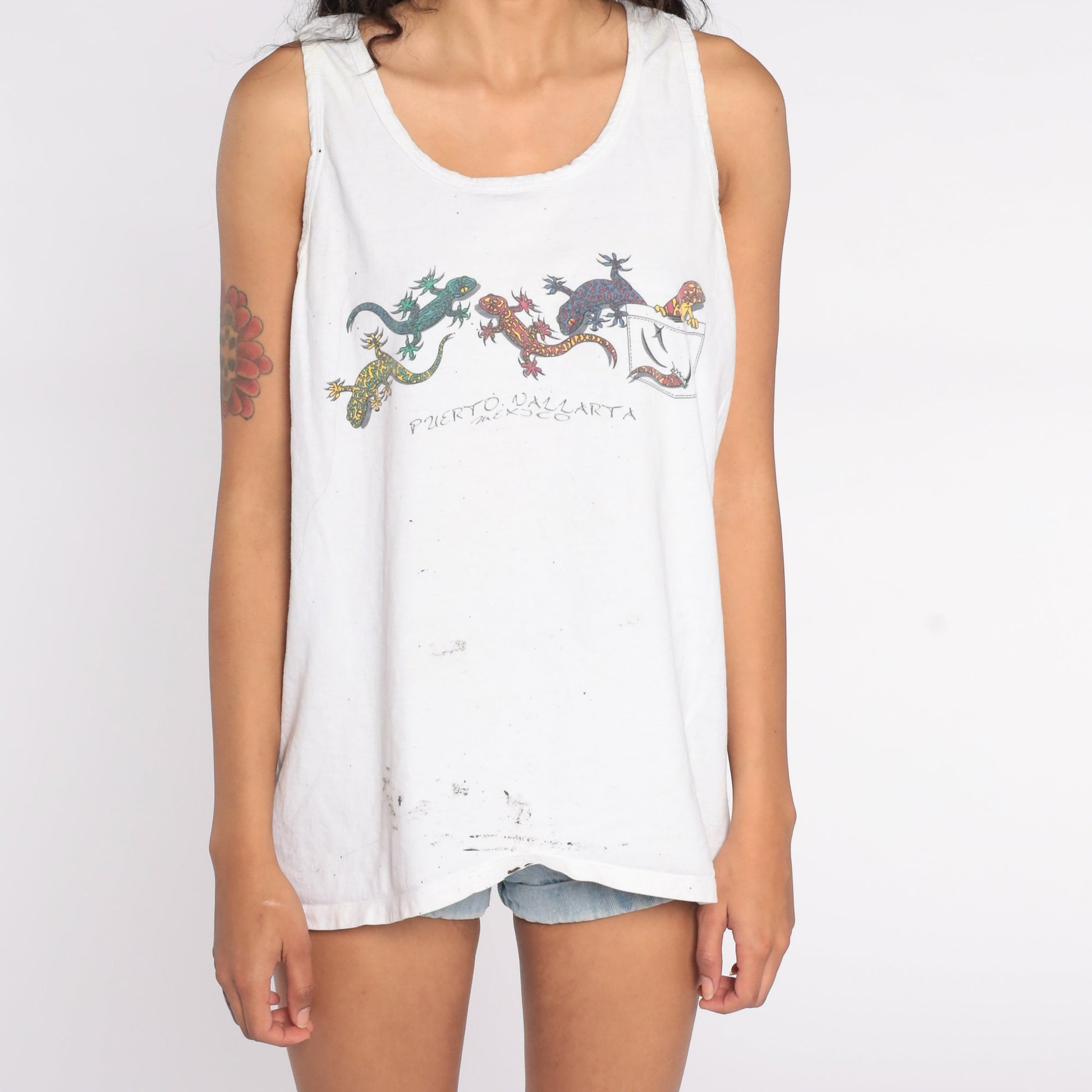 90s Puerto Vallarta Gecko Tank Top White Graphic Sleeveless Shirt Large