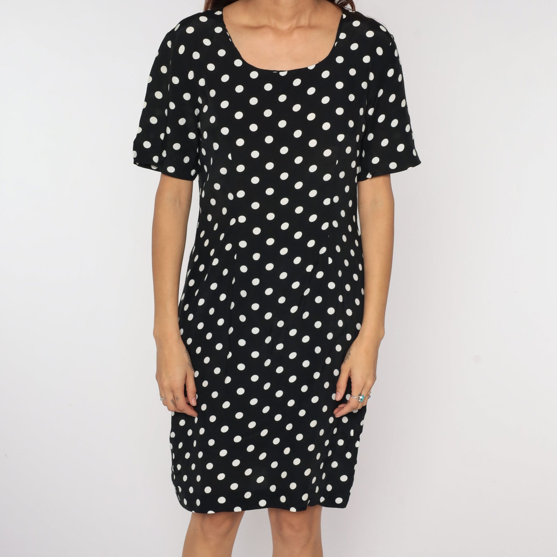 90s Polka Dot Mini Dress Black White Shift Short Sleeve Medium