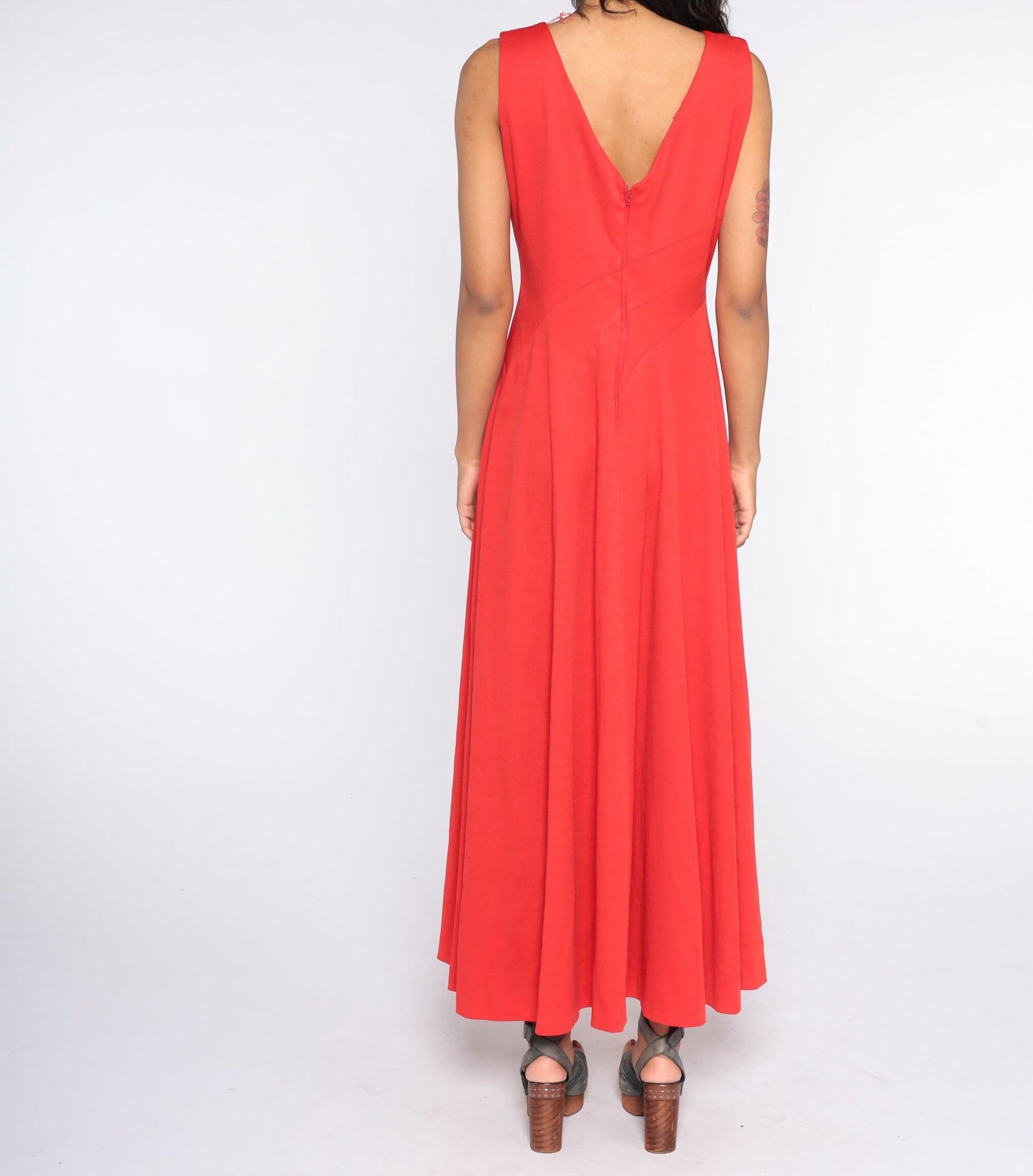 70s Red Rhinestone Maxi Dress Grecian Sleeveless Party Gown Large L