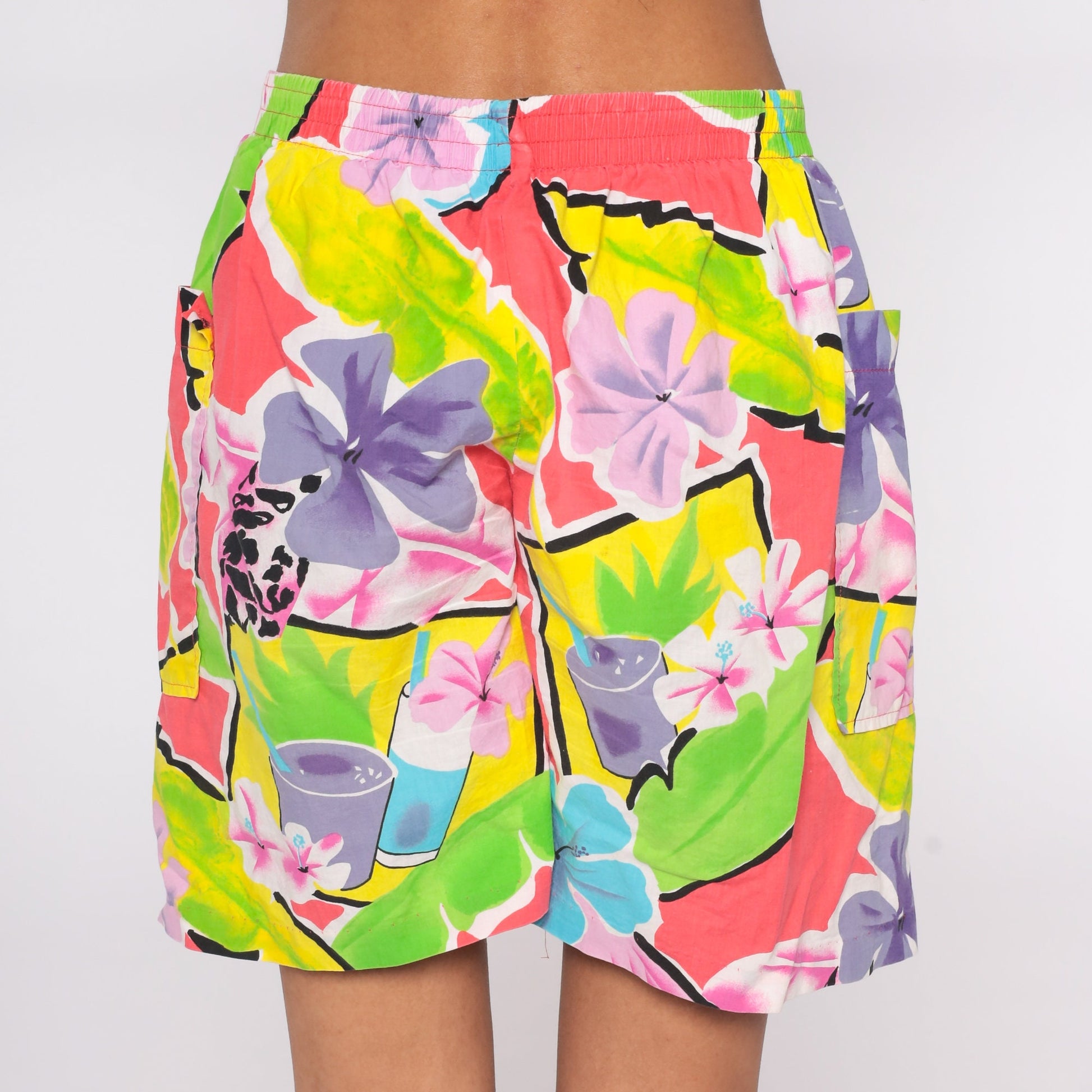 80s Hilo Hattie Tropical Floral Shorts High Waist Elastic Waist Medium