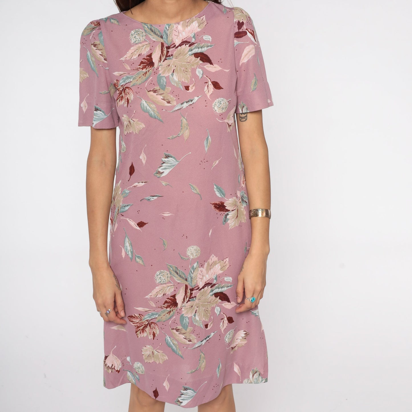80s Purple Floral Puff Sleeve Dress Knee-Length Small Medium