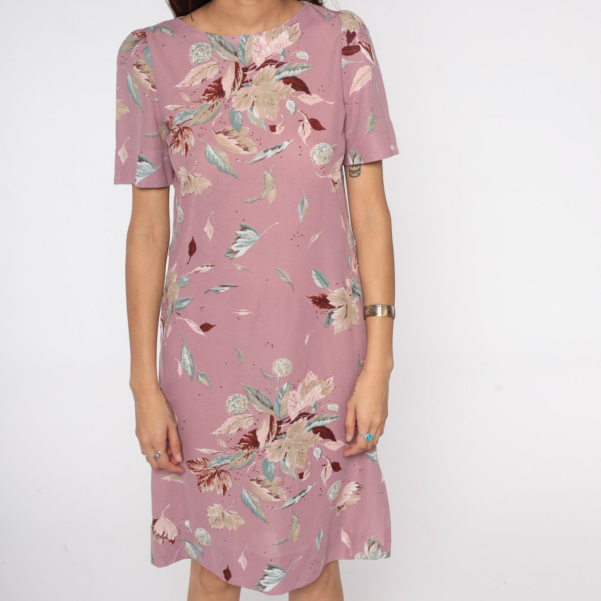 80s Purple Floral Puff Sleeve Dress Knee-Length Small Medium