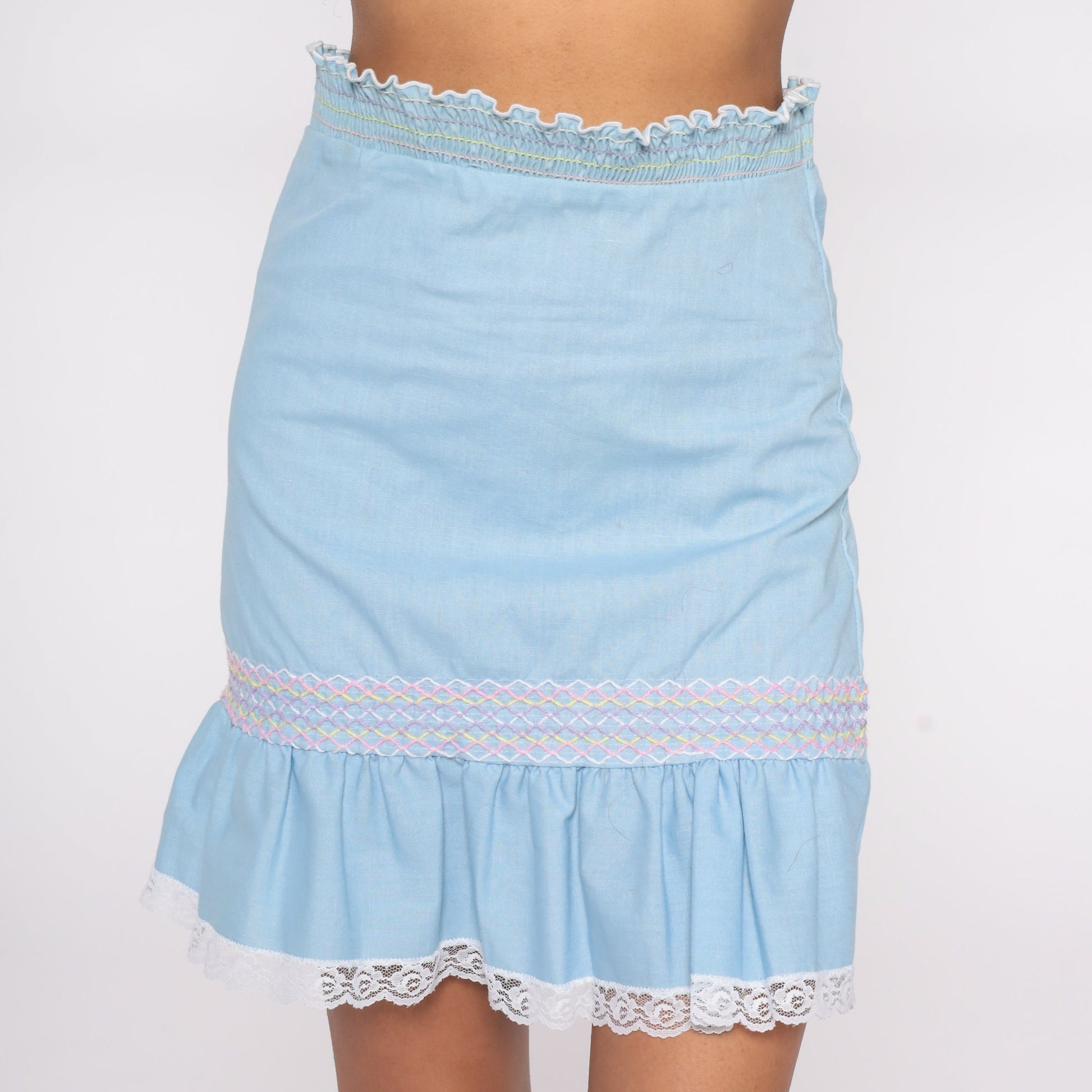 70s Baby Blue Mini Skirt High Waisted Smocked Ruffle Lace Trim Small