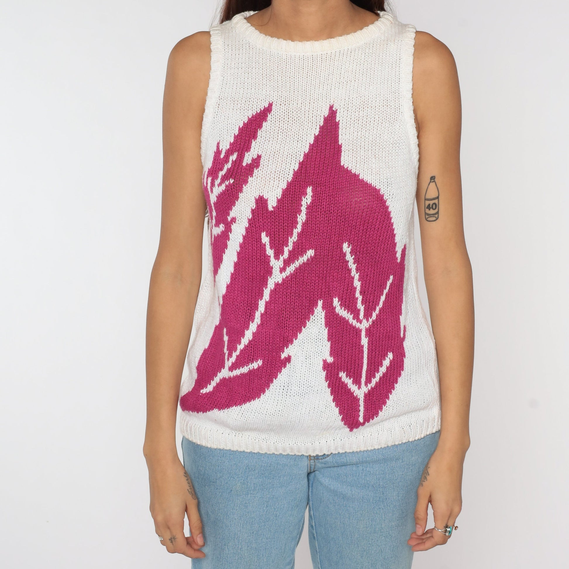 80s Tropical Leaf Knit Tank Top White Ramie Cotton Sleeveless Sweater Medium