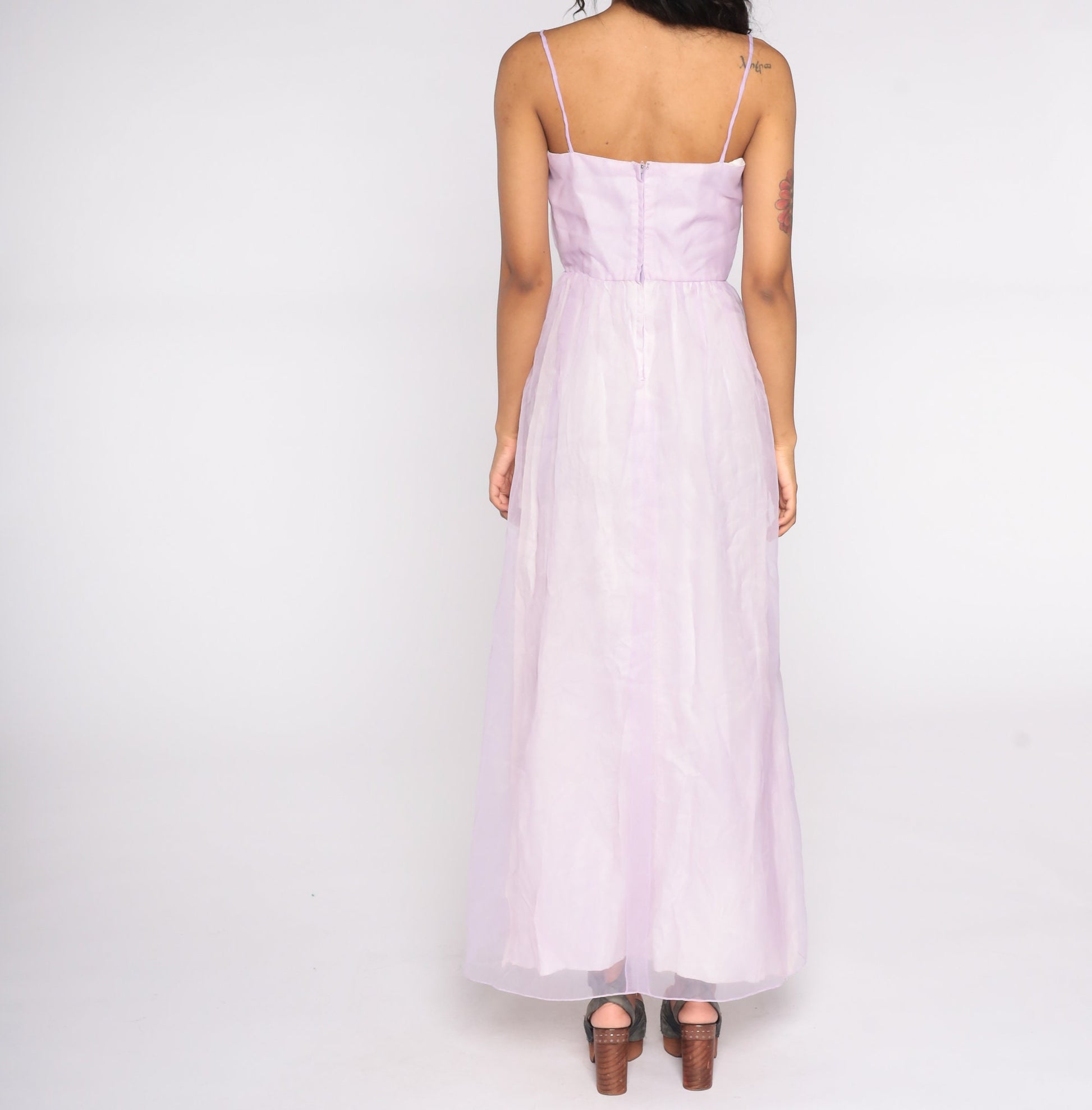 70s Lavender Chiffon Maxi Dress Spaghetti Strap Sleeveless Extra Small XS