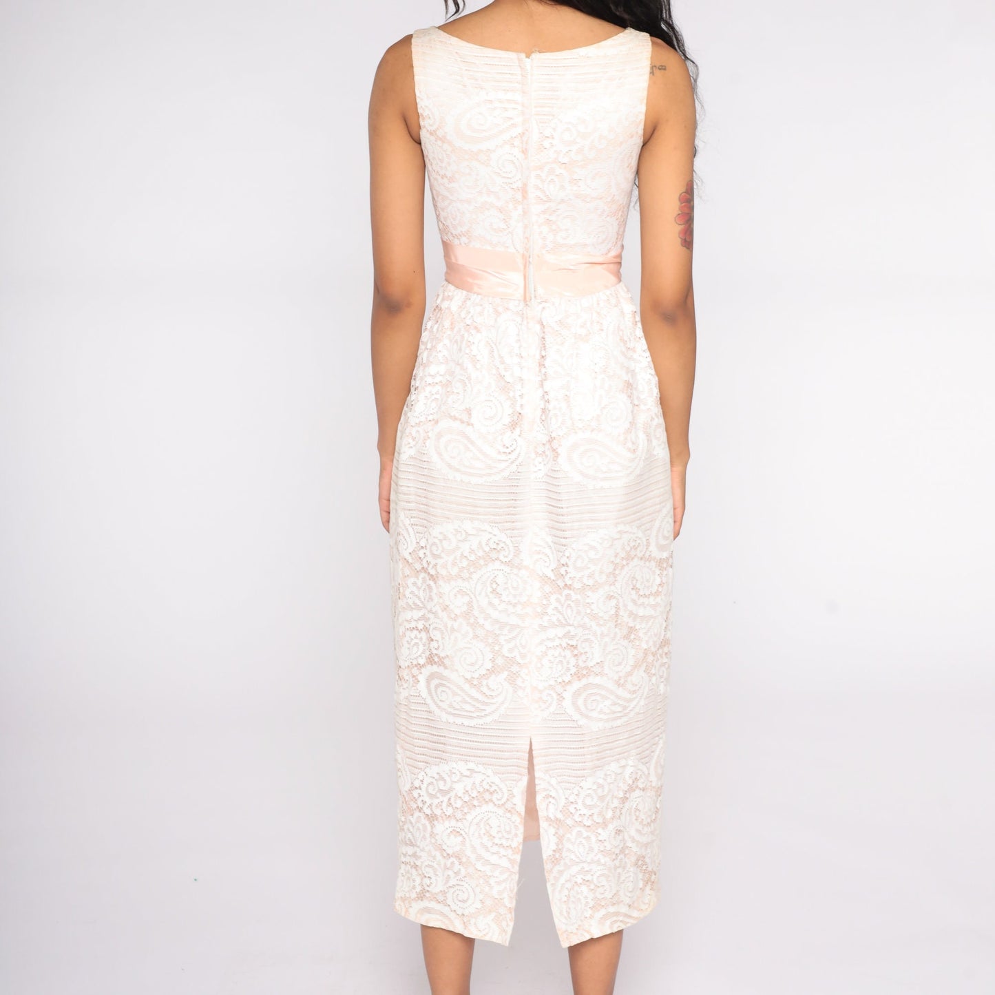 60s White Lace Maxi Dress Empire Waist Pink Bow Sleeveless Extra Small