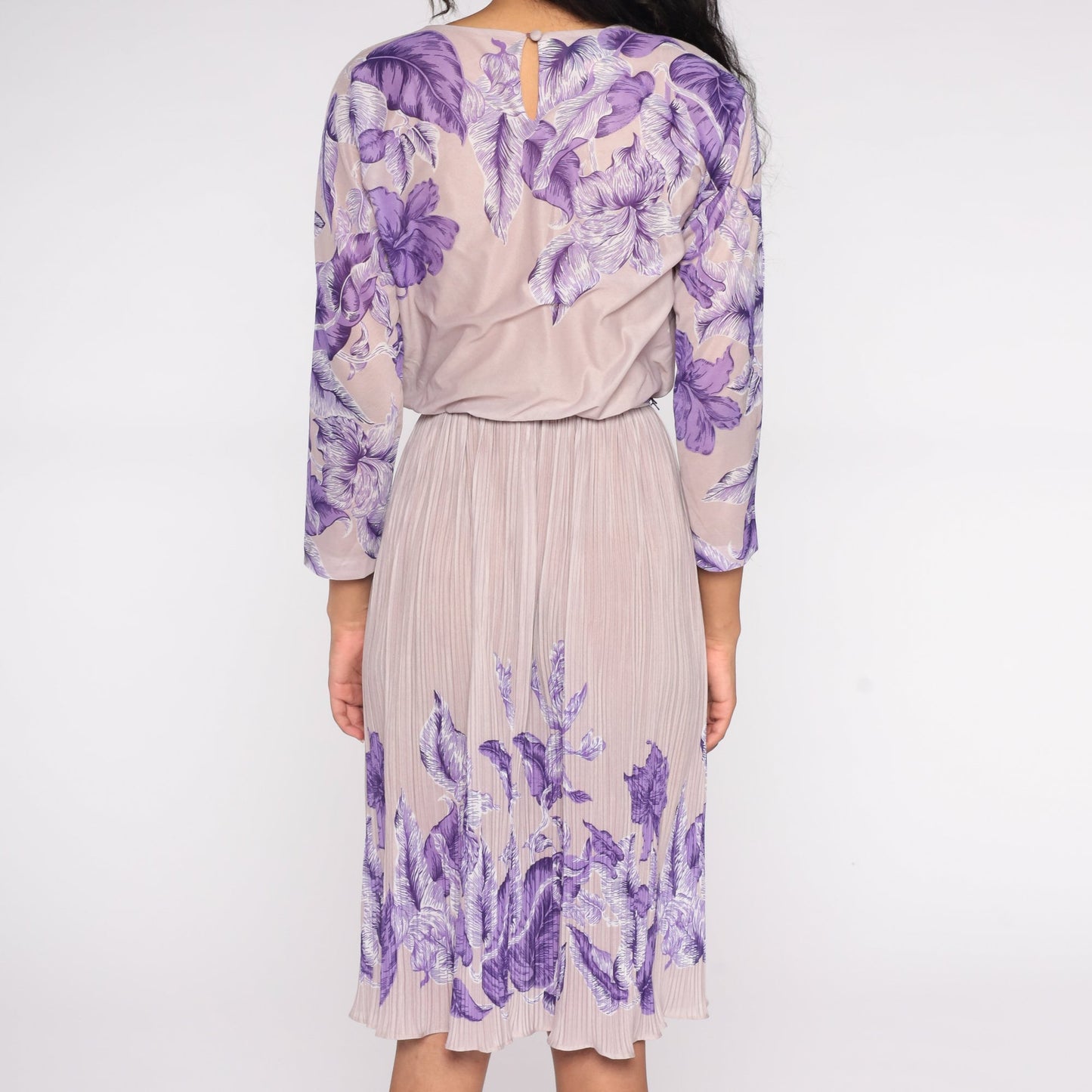 70s Lavender Floral Midi Dress High Waist Pleated Long Sleeve Small Medium