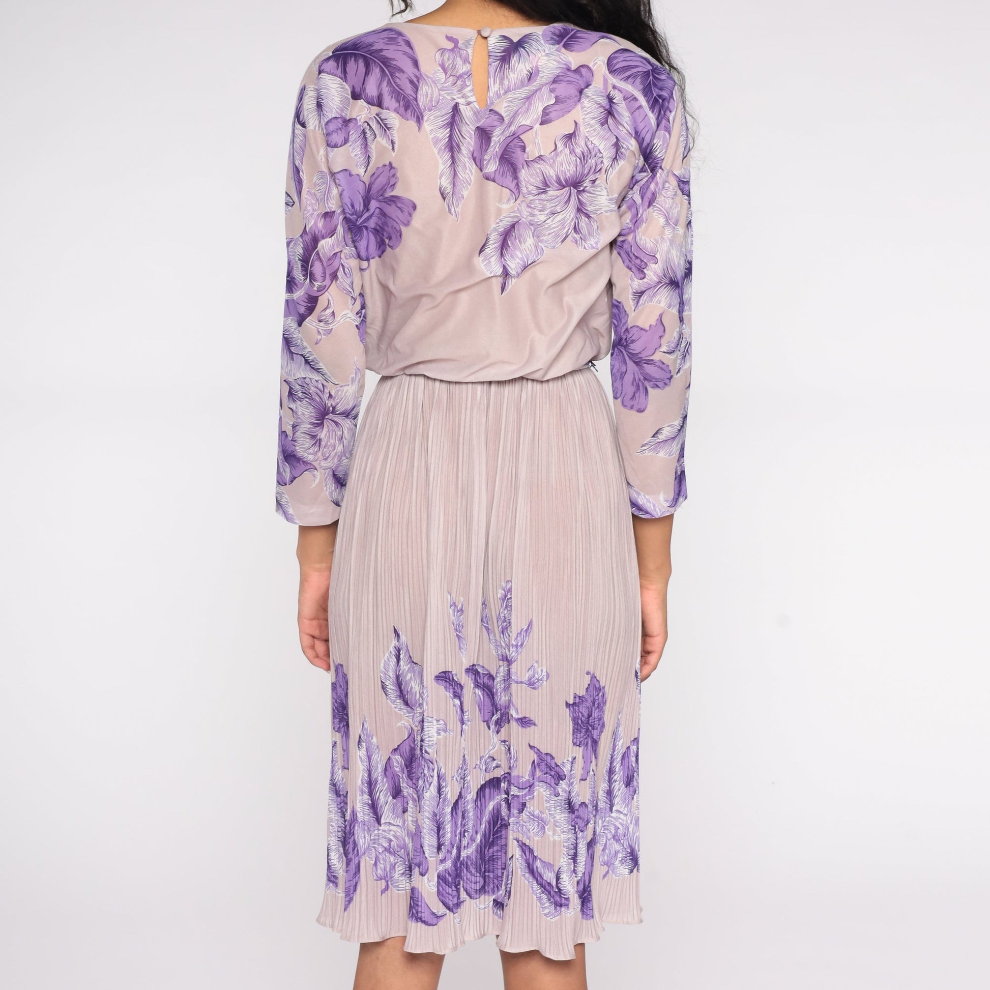 70s Lavender Floral Midi Dress High Waist Pleated Long Sleeve Small Medium