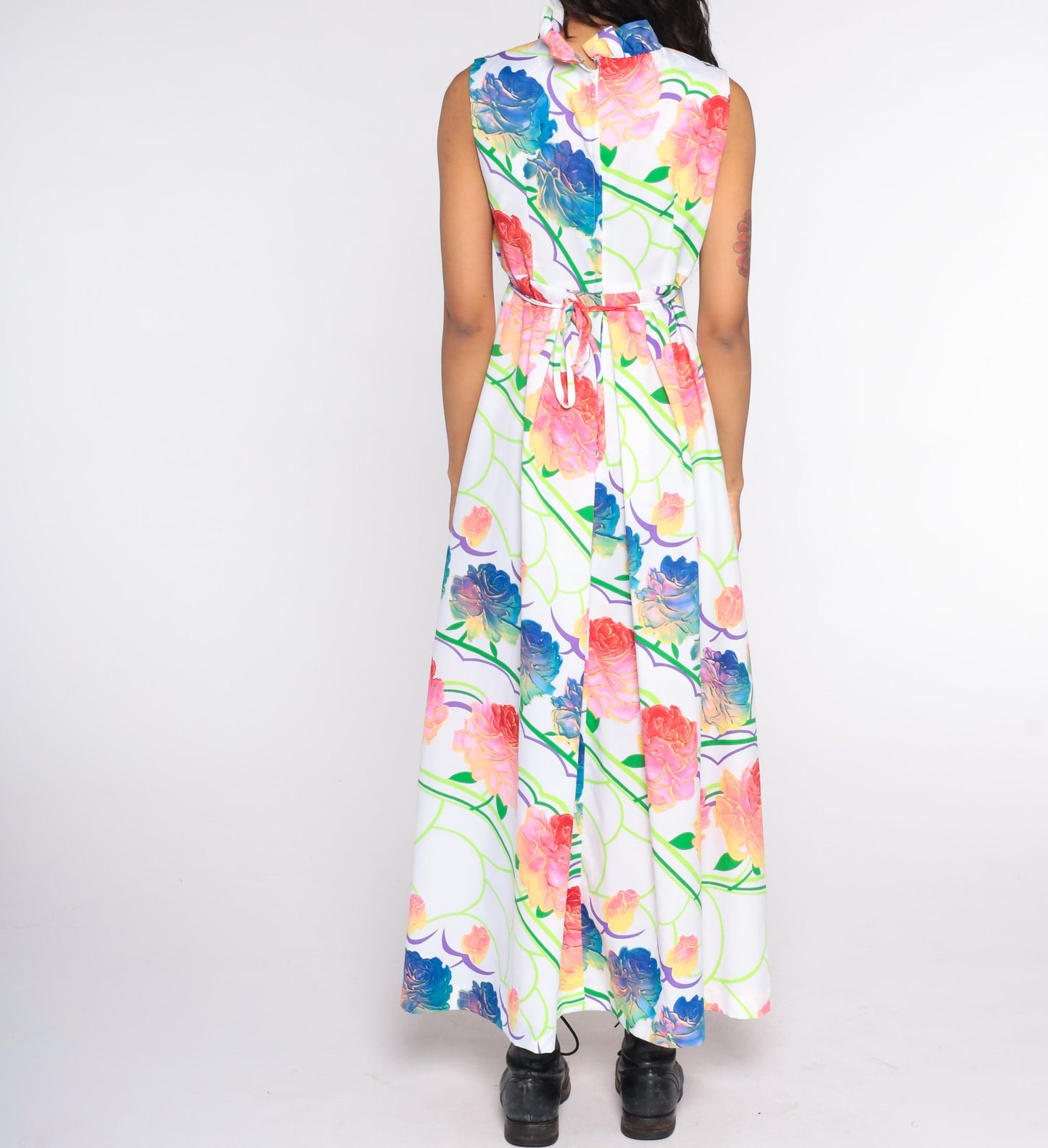70s Floral Maxi Dress White Rose Print Empire Waist Sleeveless Medium