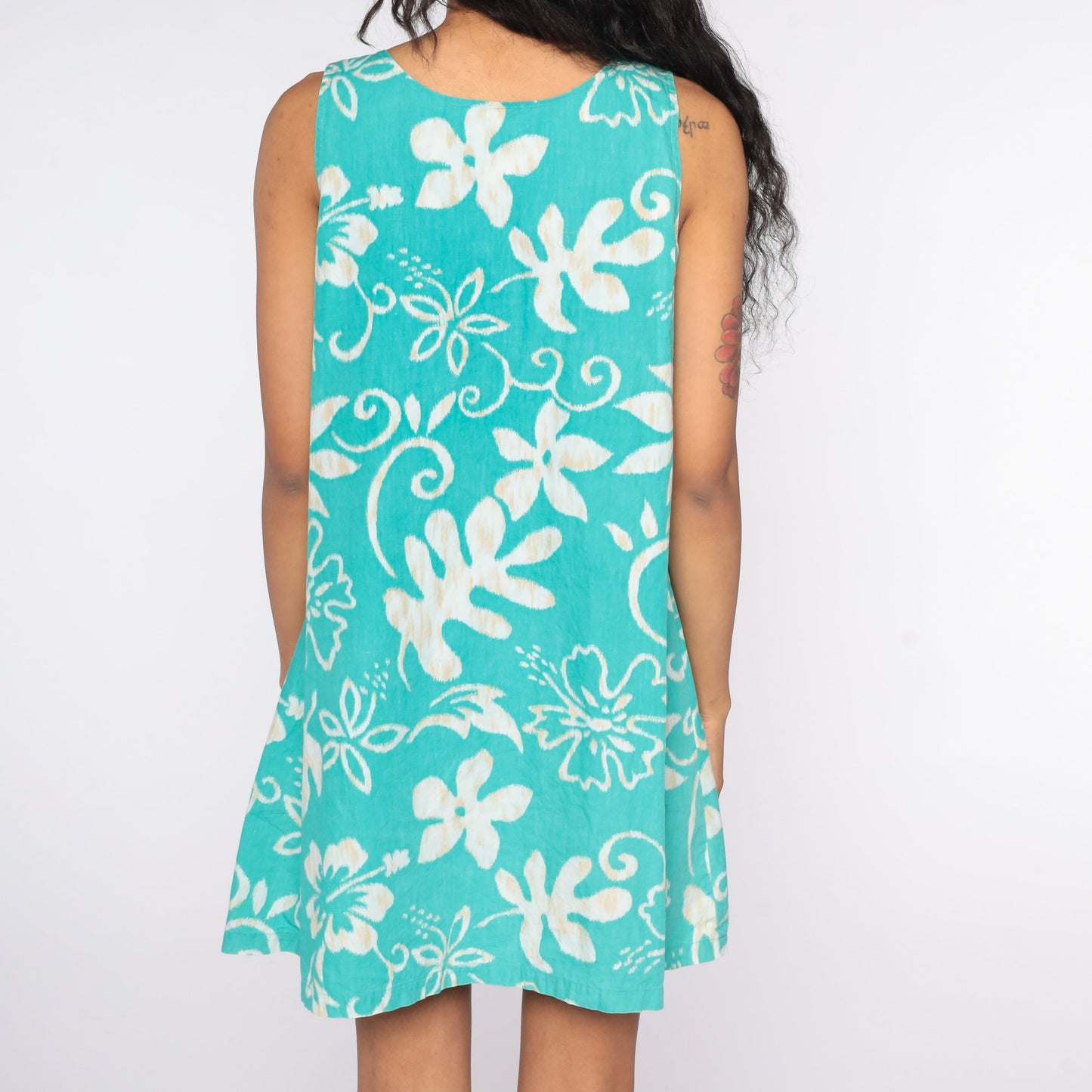 90s Reyn Spooner Hawaiian Mini Dress Turquoise Floral Cotton Medium