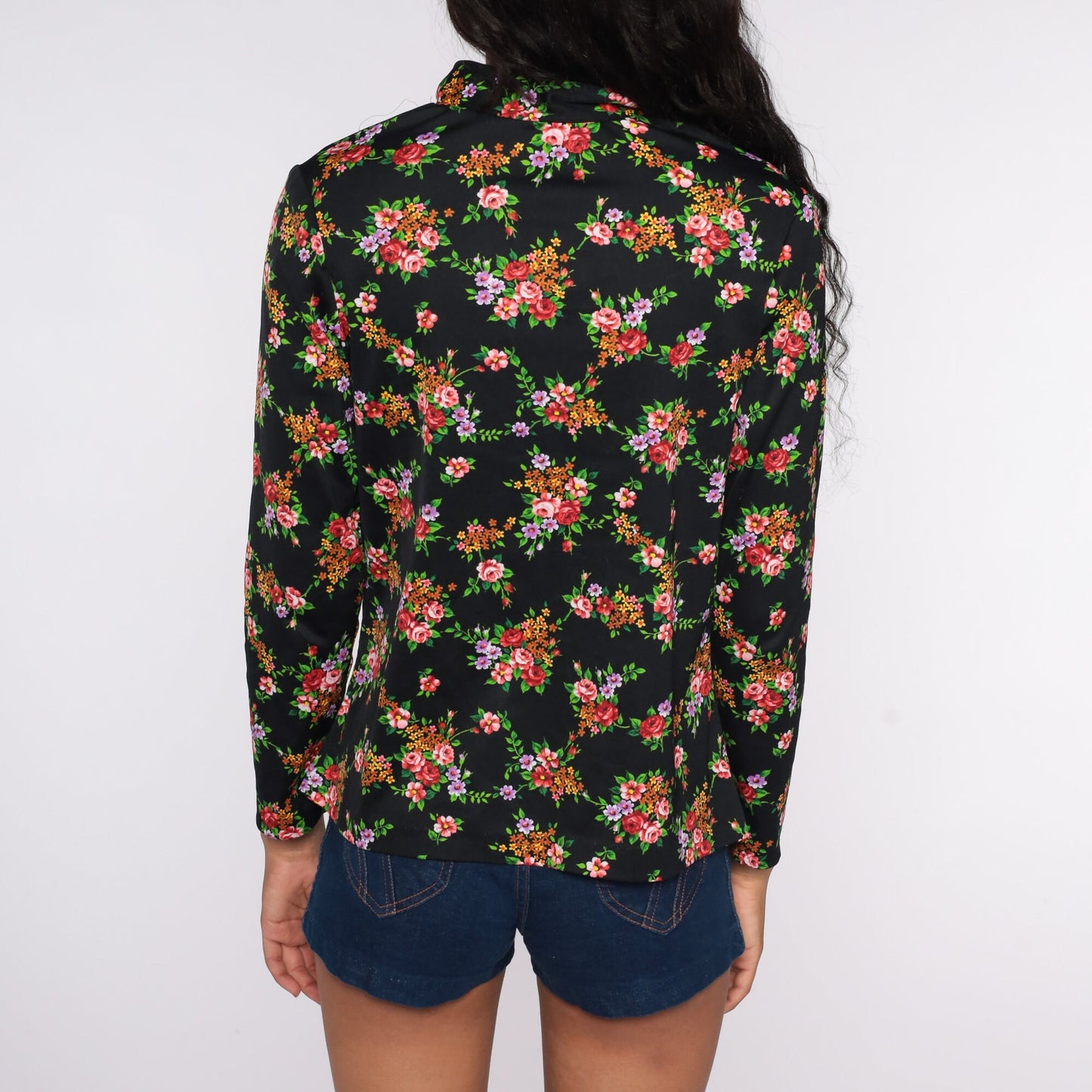 70s Black Floral Ascot Blouse Long Sleeve Neck Tie Top Large L