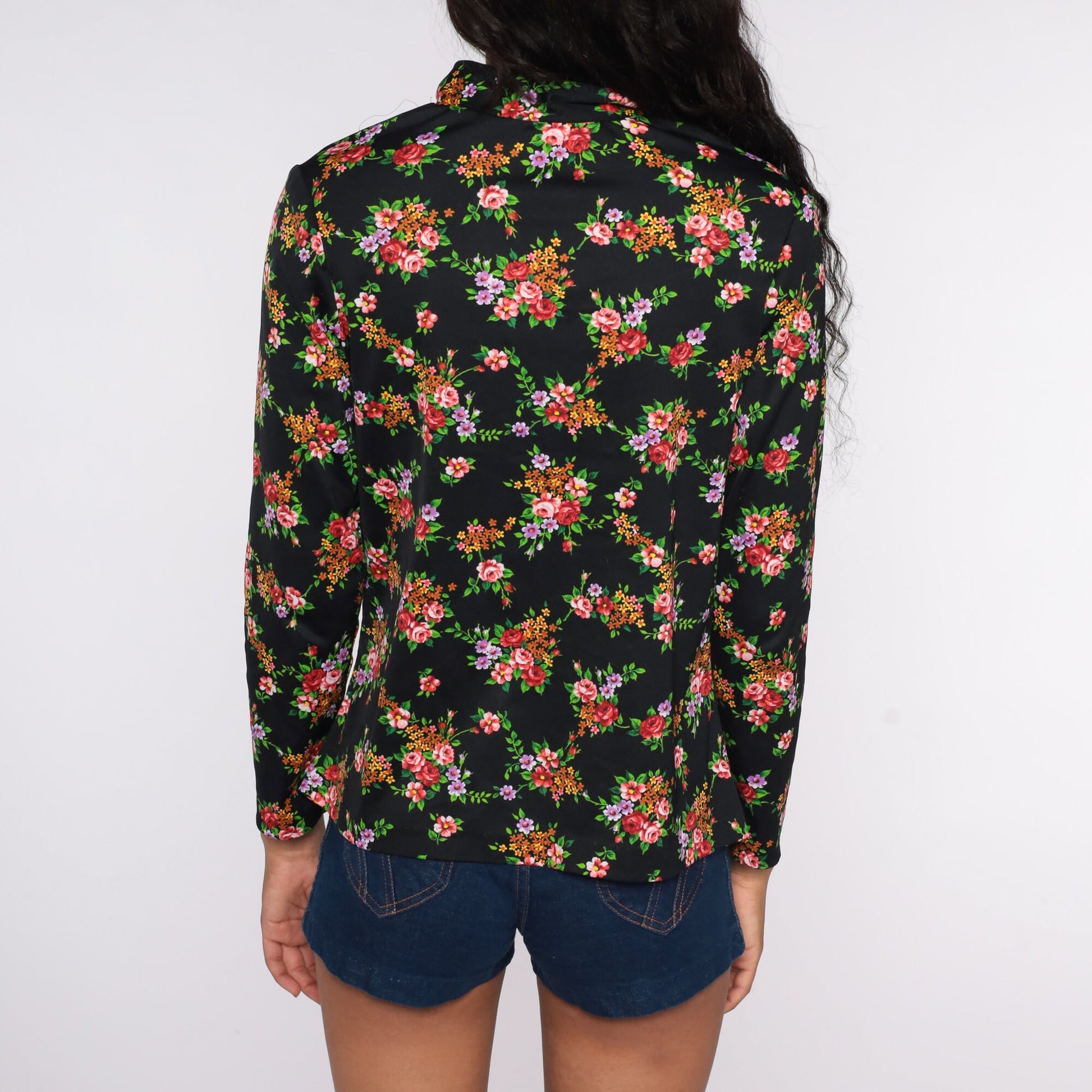 70s Black Floral Ascot Blouse Long Sleeve Neck Tie Top Large L