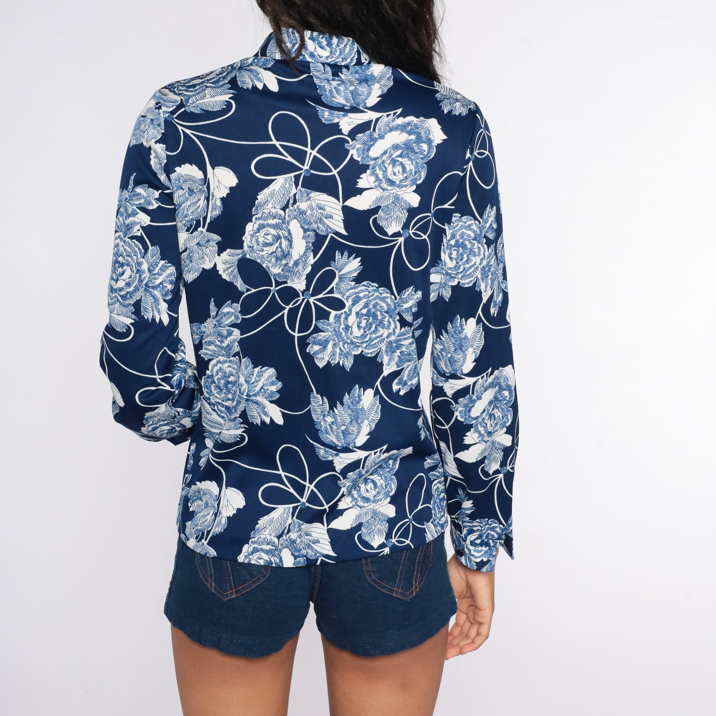70s Blue Floral Button-Up Shirt Long Sleeve Disco Blouse Small S