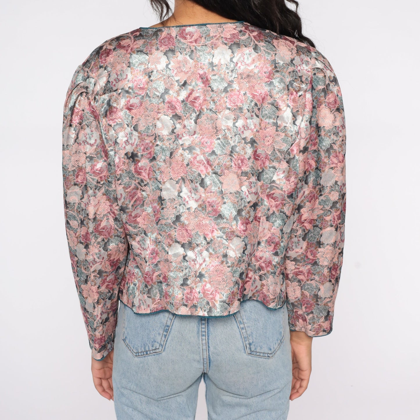 80s Tapestry Floral Button-Up Blouse Pink Puff Sleeve Shirt Large