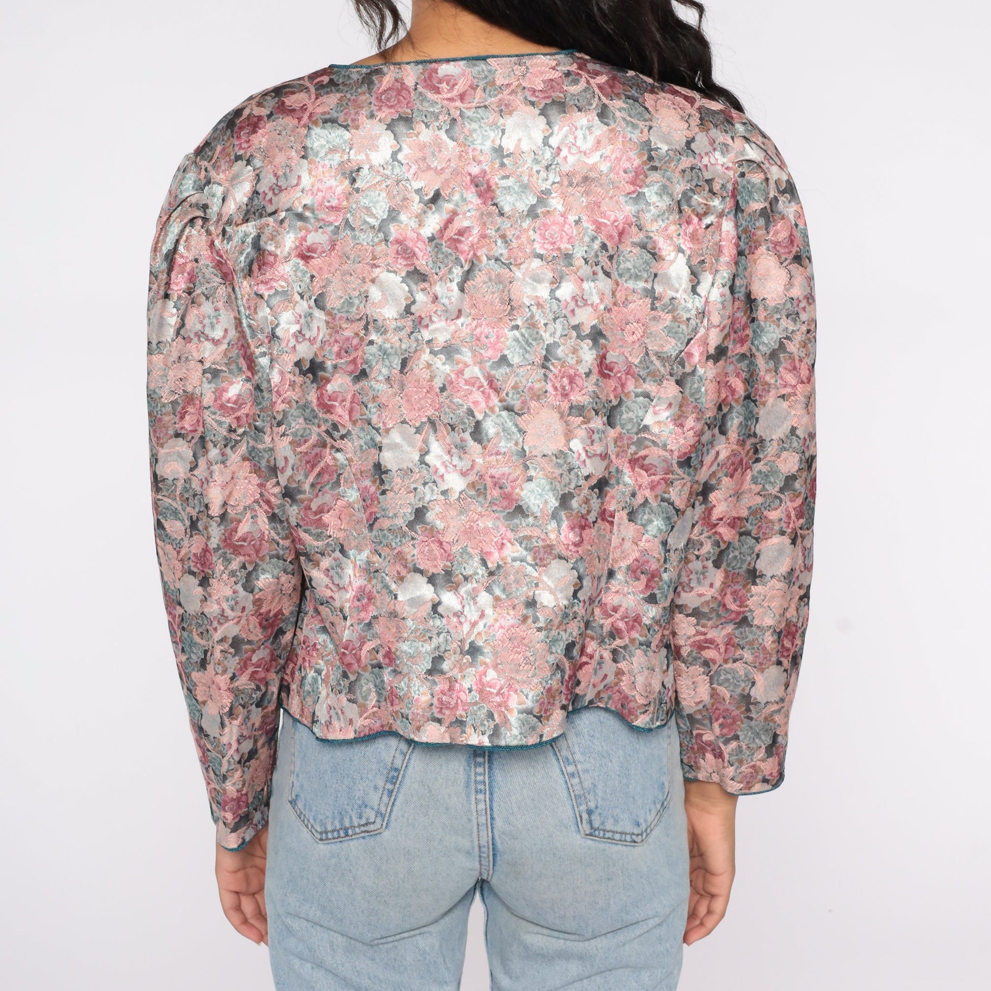 80s Tapestry Floral Button-Up Blouse Pink Puff Sleeve Shirt Large