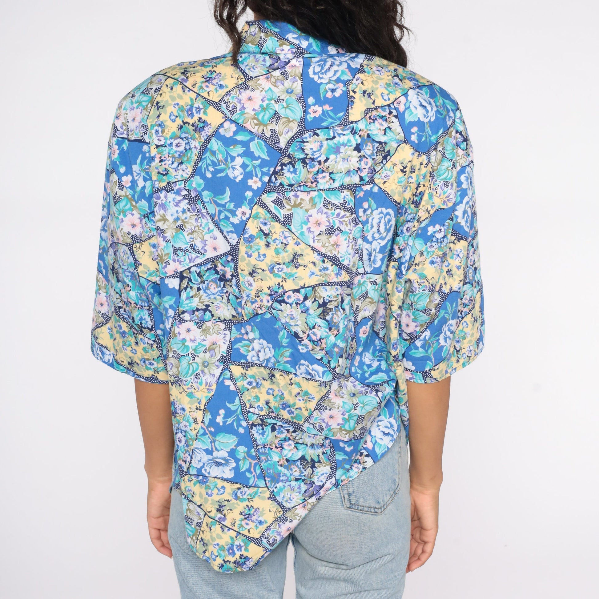 80s Floral Button-Up Blouse Blue Yellow Short Sleeve Shoulder Pads Plus Size 18W