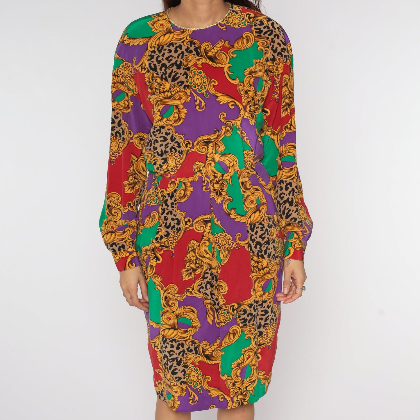 80s Silk Baroque Leopard Print Dress Long Sleeve Pleated Midi Red Purple Medium