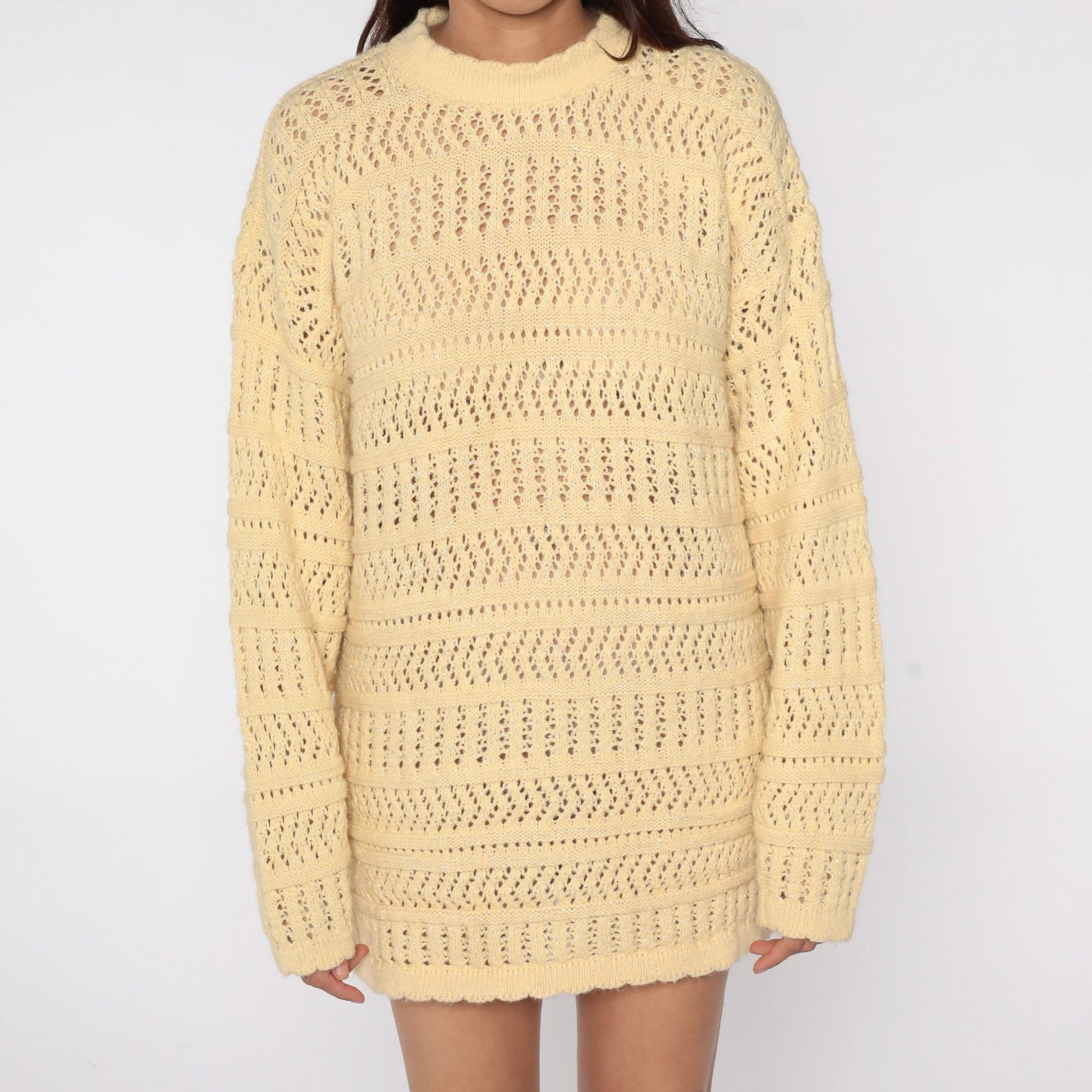 80s Yellow Metallic Knit Sweater Sheer Cutout Pullover Large