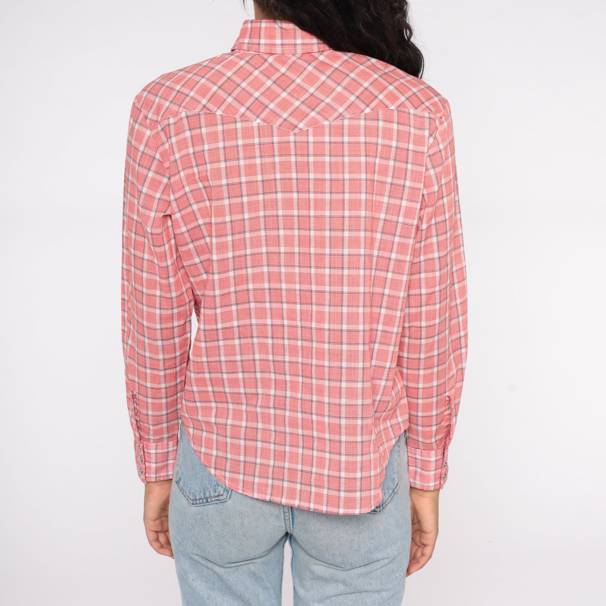 80s Western Shirt Red Plaid Pearl Snap Button Up Medium