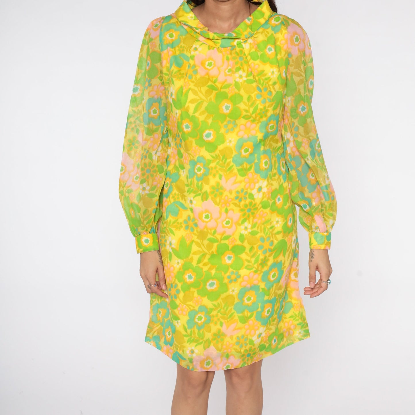 1970s Neon Yellow Floral Mini Shift Dress Long Sleeve Small S