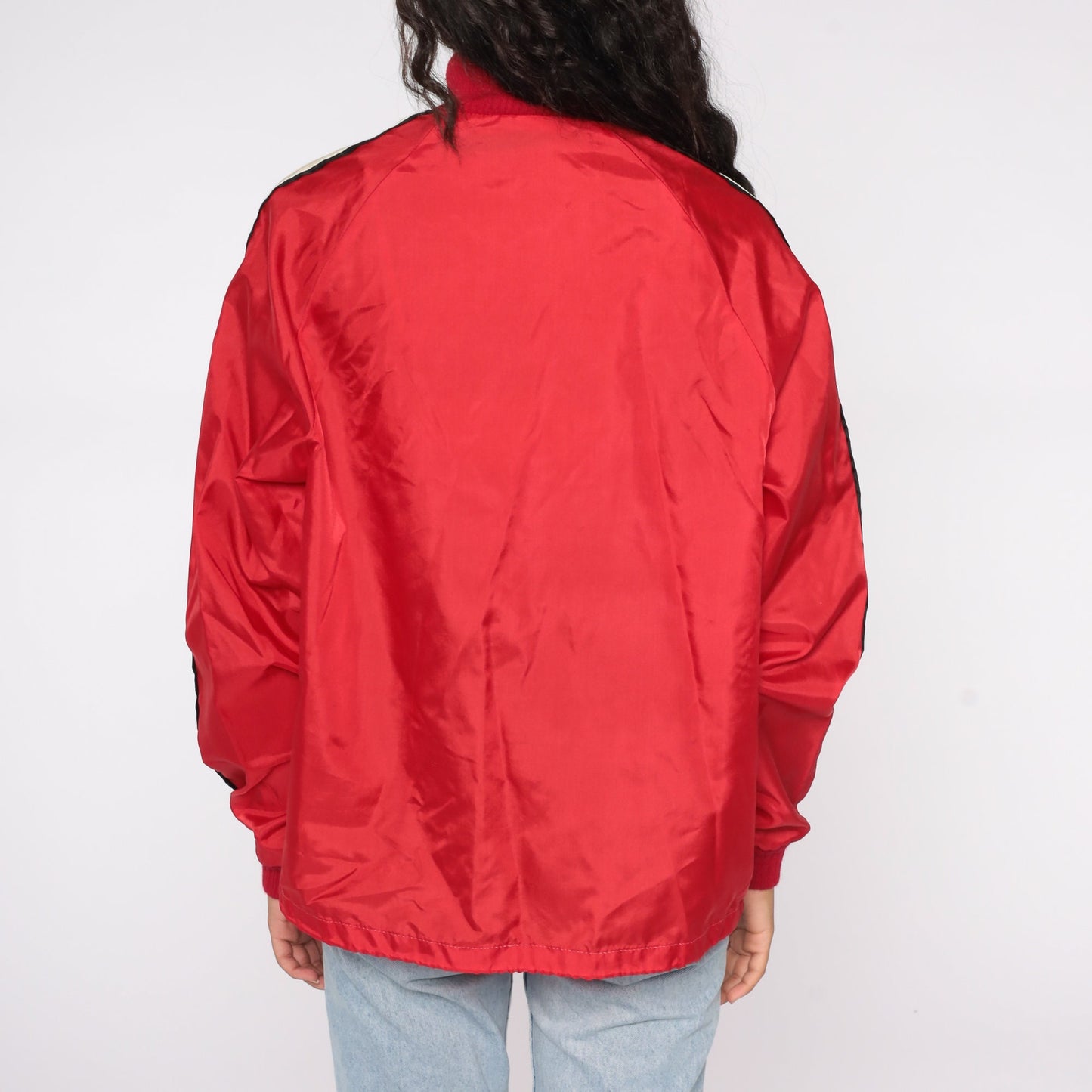 70s Red White Colour Block Windbreaker Jacket Owl Patch Zip Nylon Extra Large
