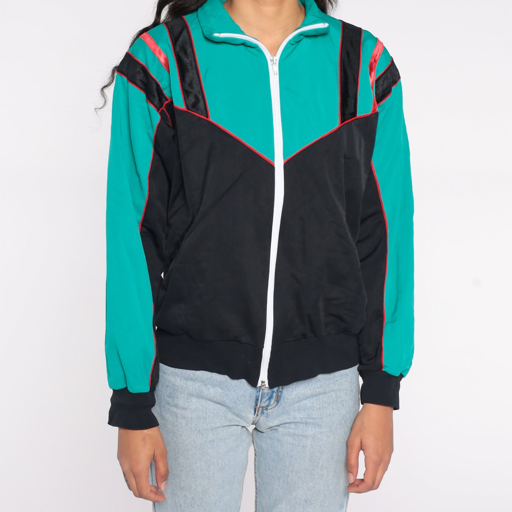 80s Track Jacket Zip-Up Sweatshirt Black Teal Colour Block Medium