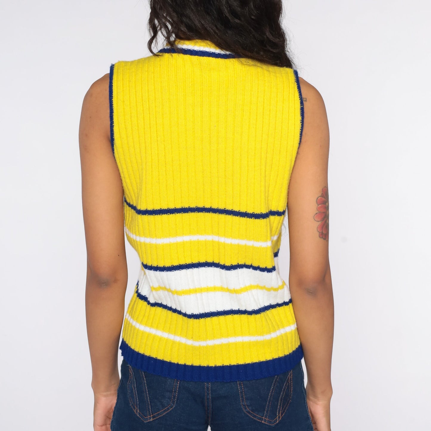 70s Yellow Striped Knit Tank Top Sleeveless Sweater Vest Medium
