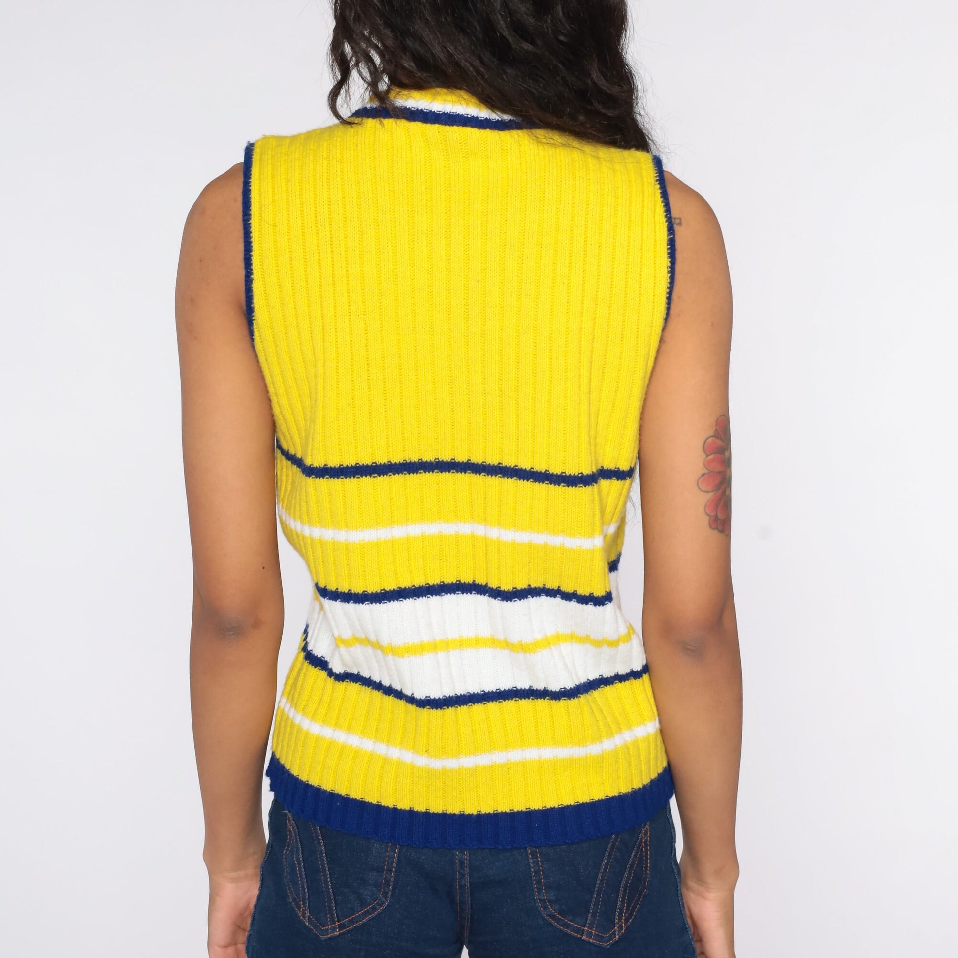 70s Yellow Striped Knit Tank Top Sleeveless Sweater Vest Medium