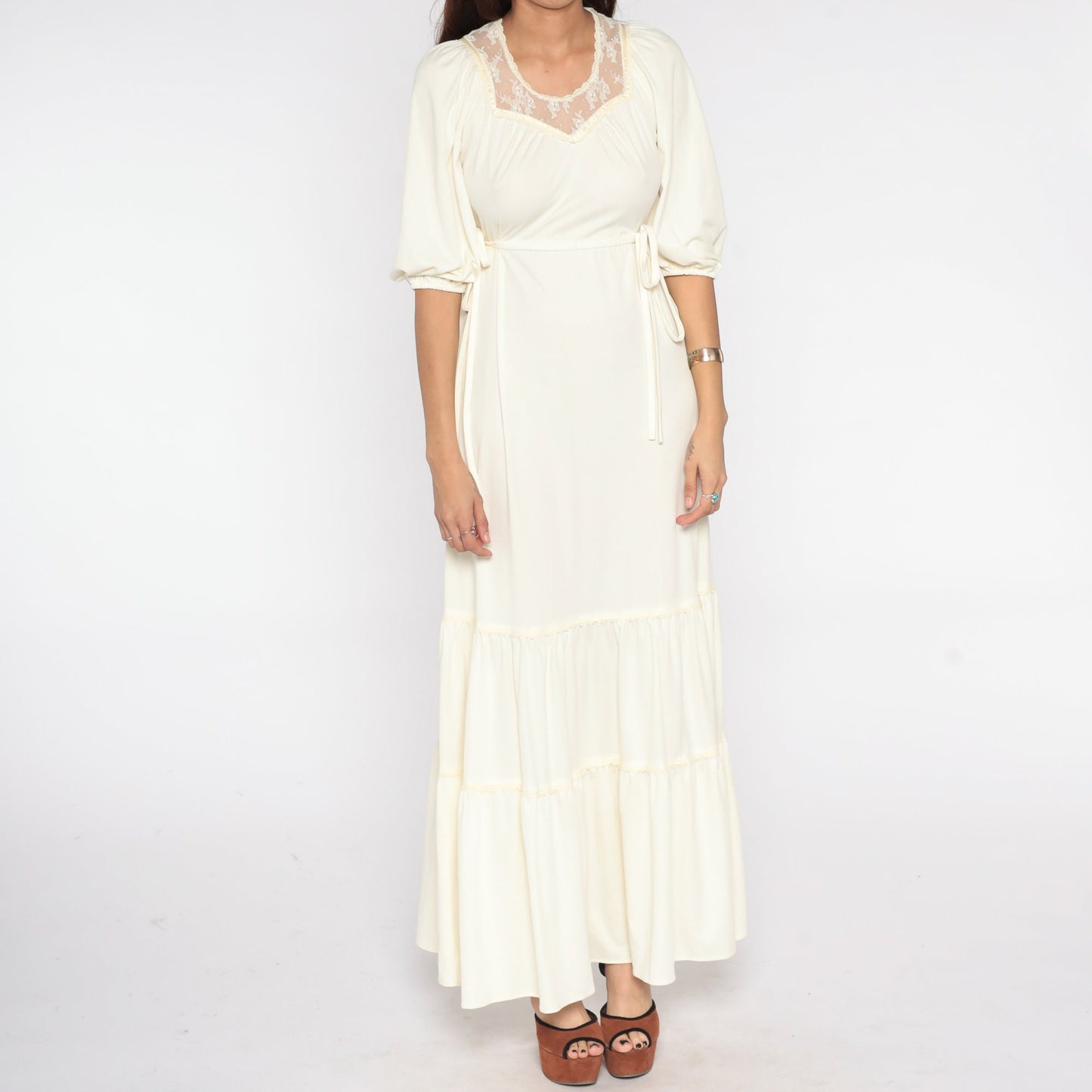 1970s Cream Lace Maxi Dress Puff Sleeve High Waist Tiered Small