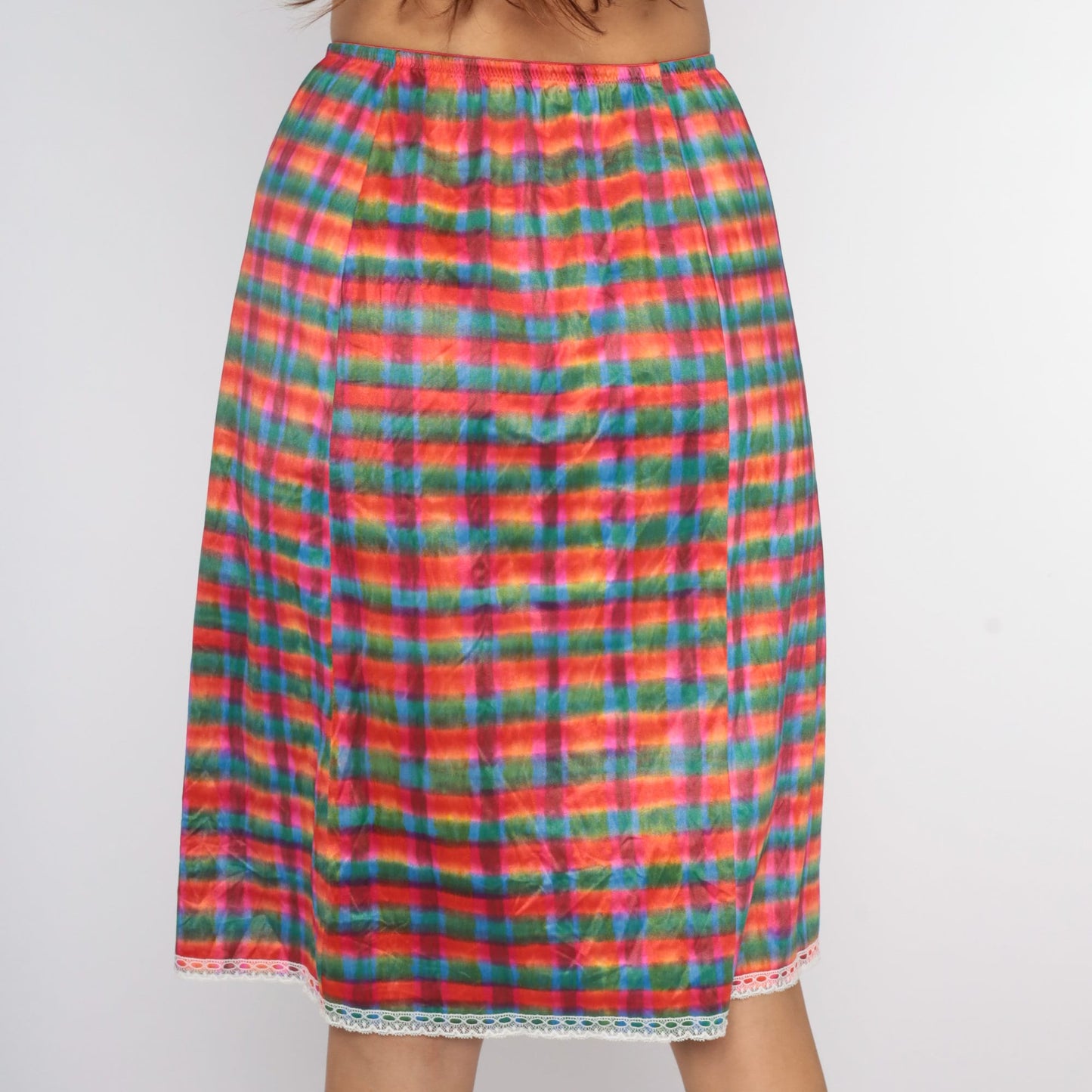 70s Checkered Nylon Half Slip Lingerie Skirt Lace Trim Green Pink Red Medium