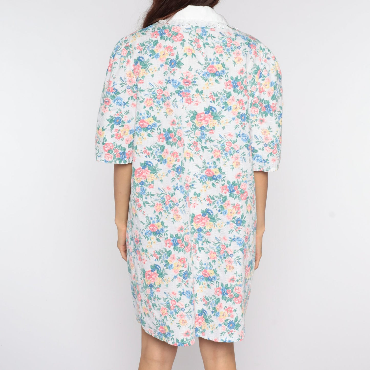 80s Floral Dress with Lace Collar Short Sleeve White Cotton Mini Large L