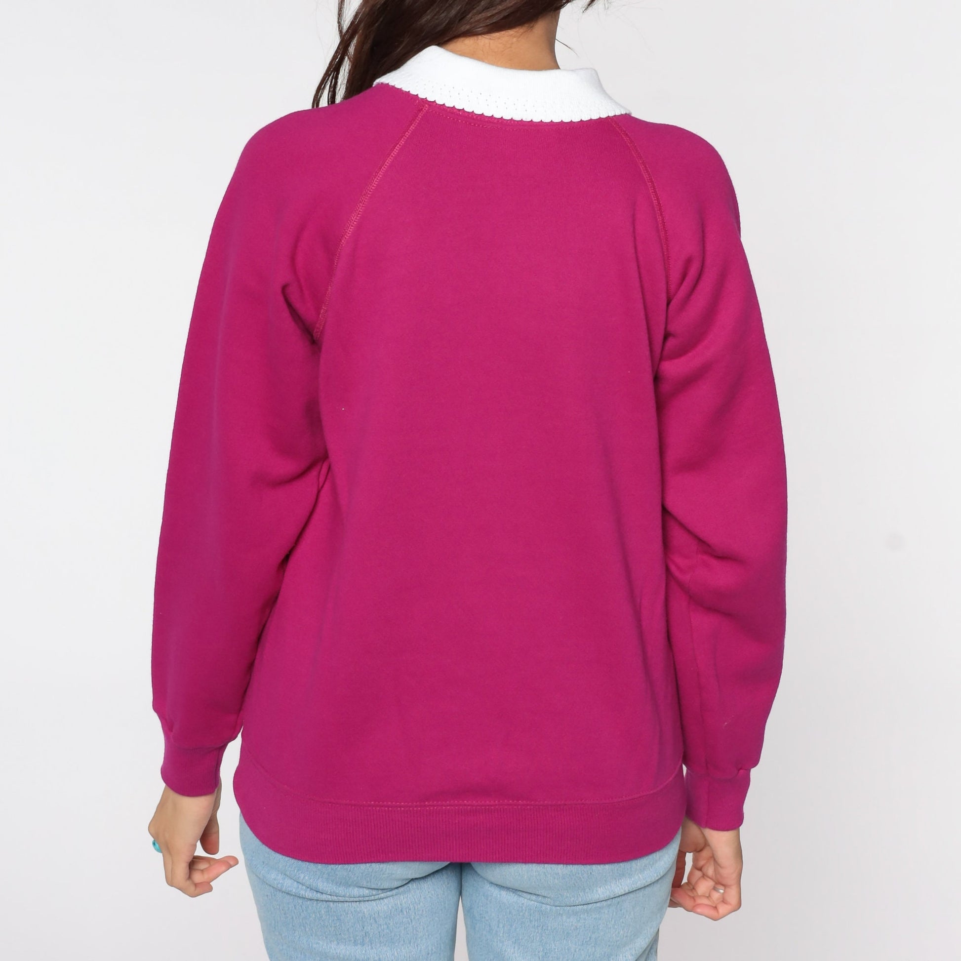 80s Hummingbird Floral Sweatshirt Magenta Graphic Collared Crewneck Medium