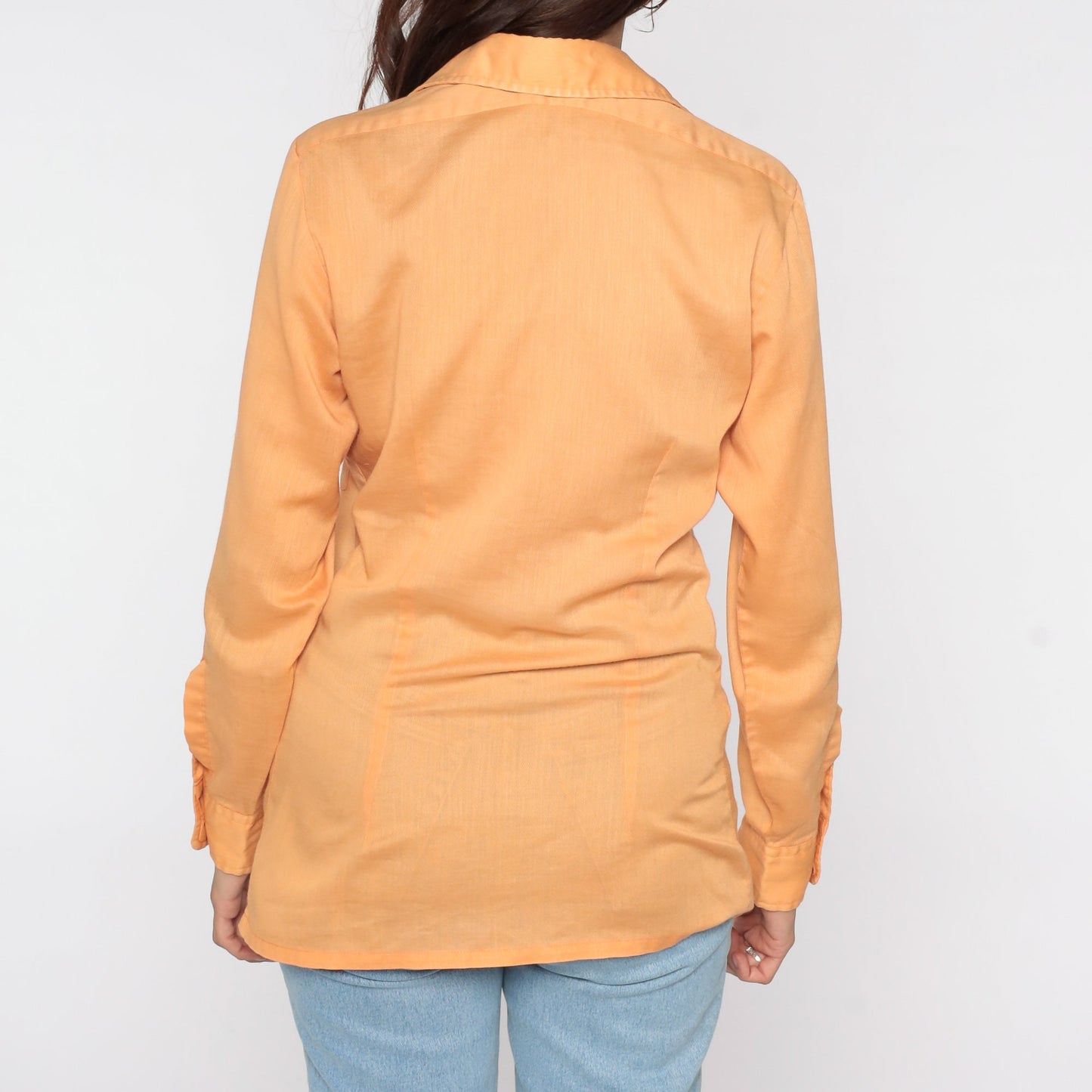 70s Orange Semi-Sheer Button-Up Shirt Long Sleeve Disco Collared Medium