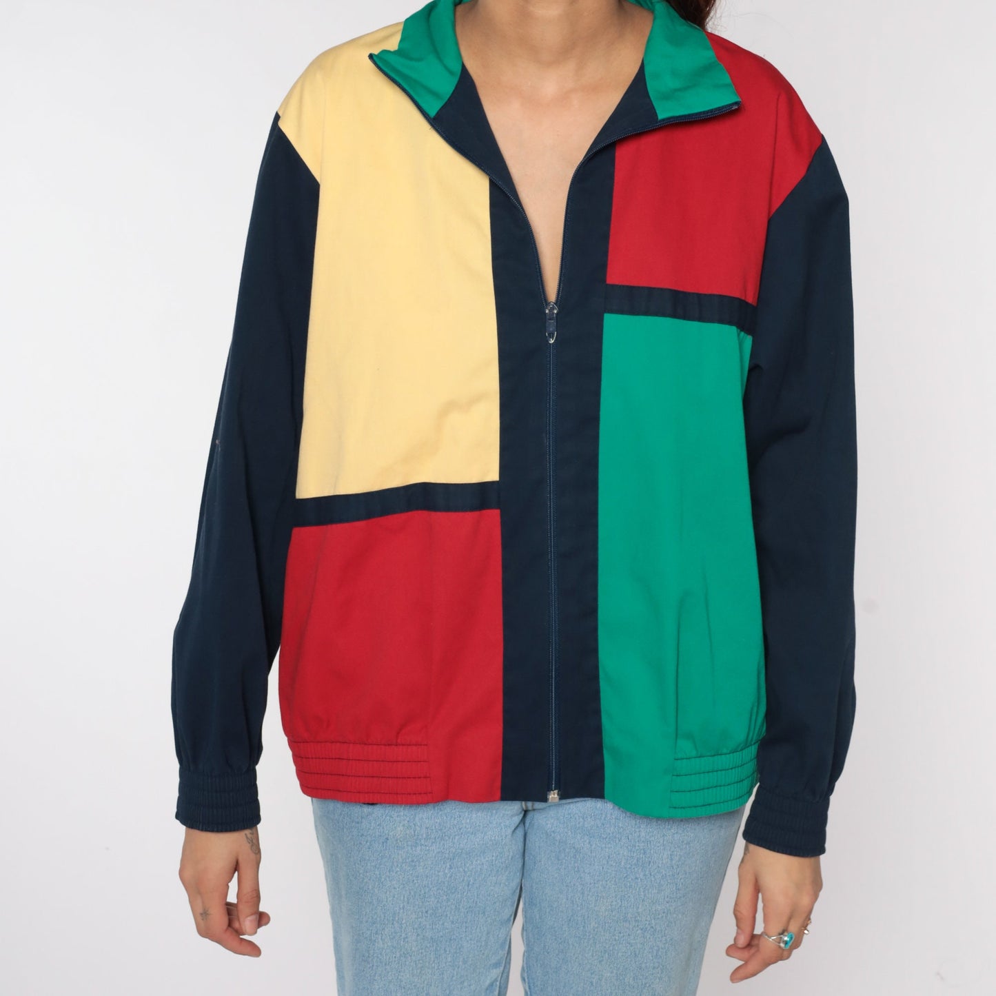 90s Color Block Windbreaker Jacket Navy Red Yellow Green Zip Medium