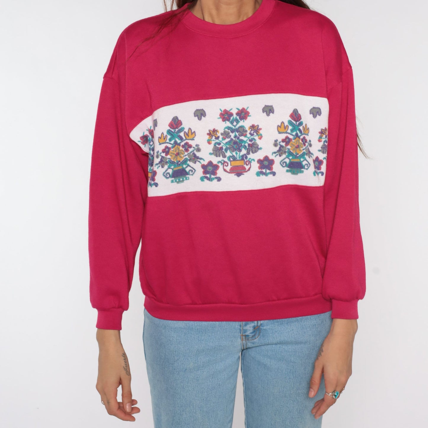 80s Floral Graphic Sweatshirt Deep Pink Crewneck Medium M