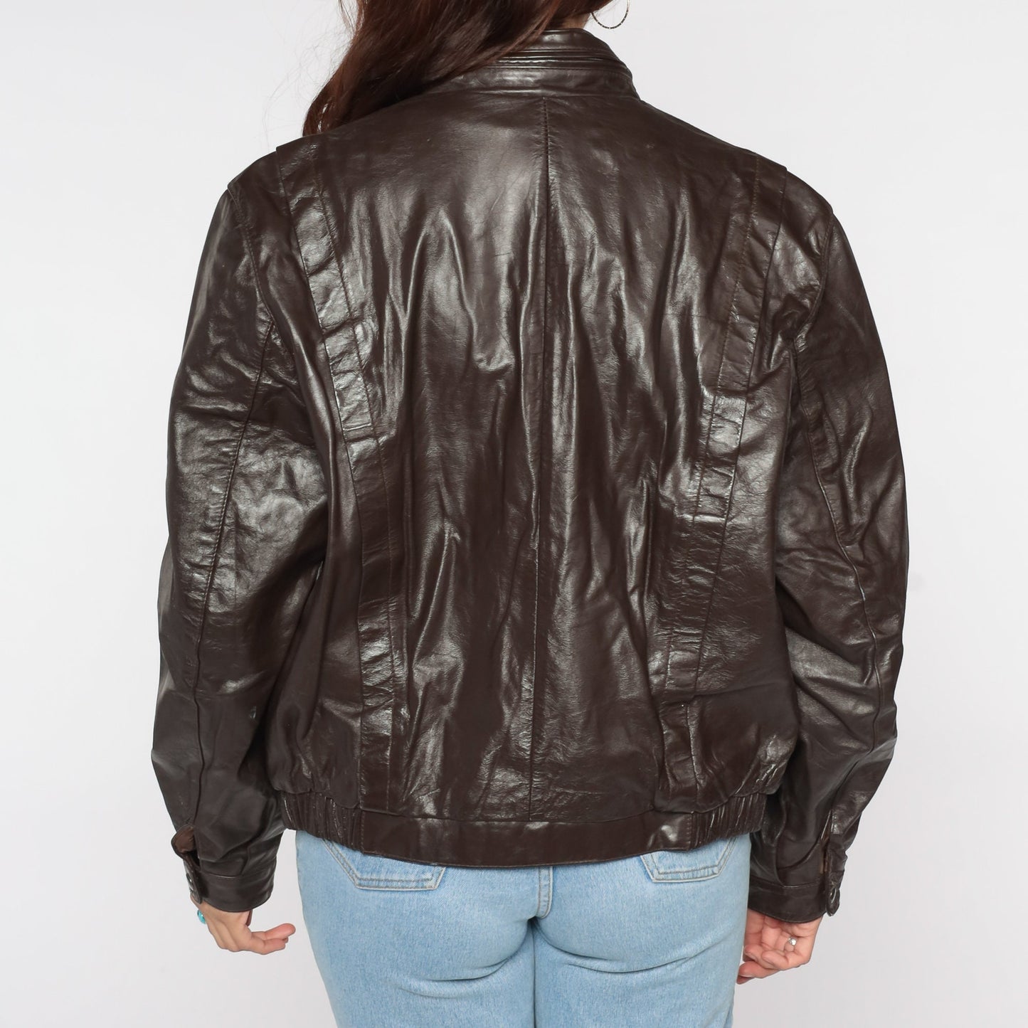 80s Brown Leather Moto Jacket Zip Collared Motorcycle Coat Large