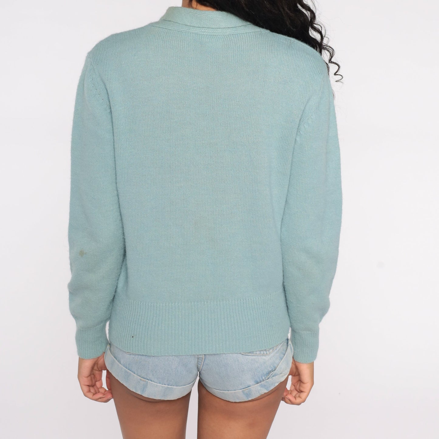 80s Seafoam Blue Ascot Sweater Knit Pullover Large L