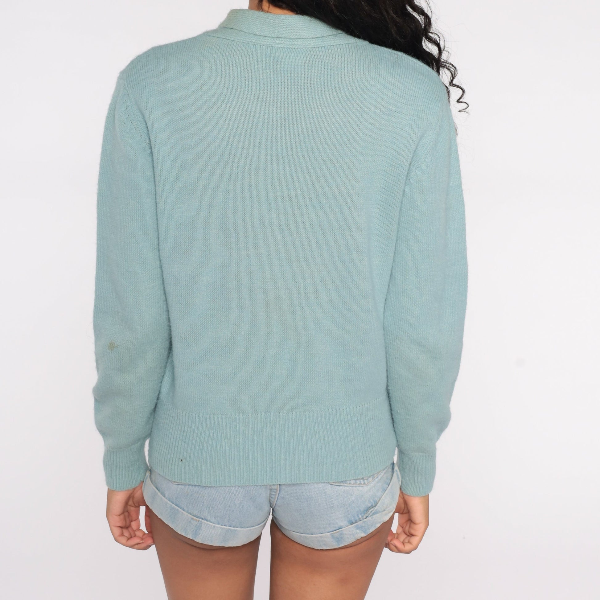 80s Seafoam Blue Ascot Sweater Knit Pullover Large L