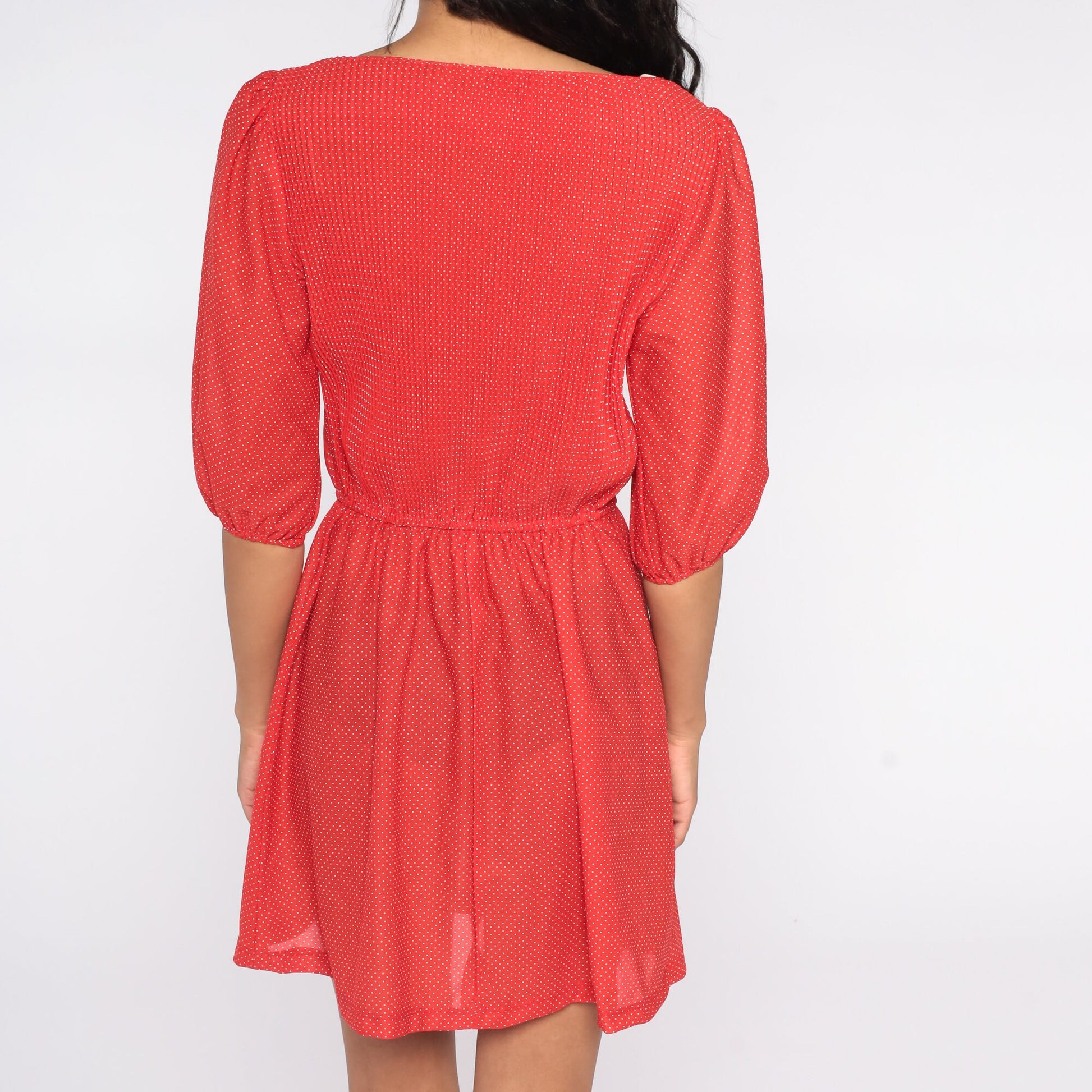 80s Red Polka Dot Mini Dress Puff Sleeve High Waisted Medium