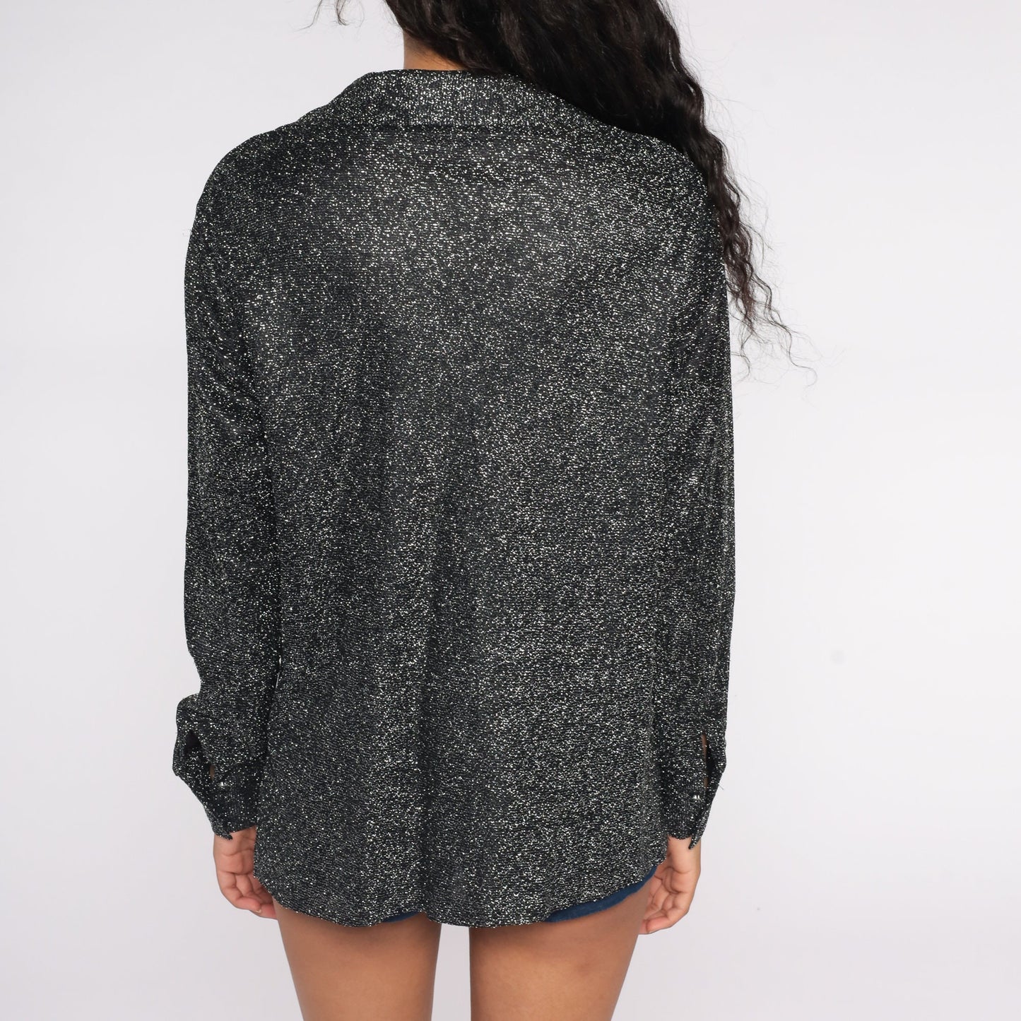 70s Silver Metallic Button-Up Blouse Long Sleeve Disco Shirt Large L