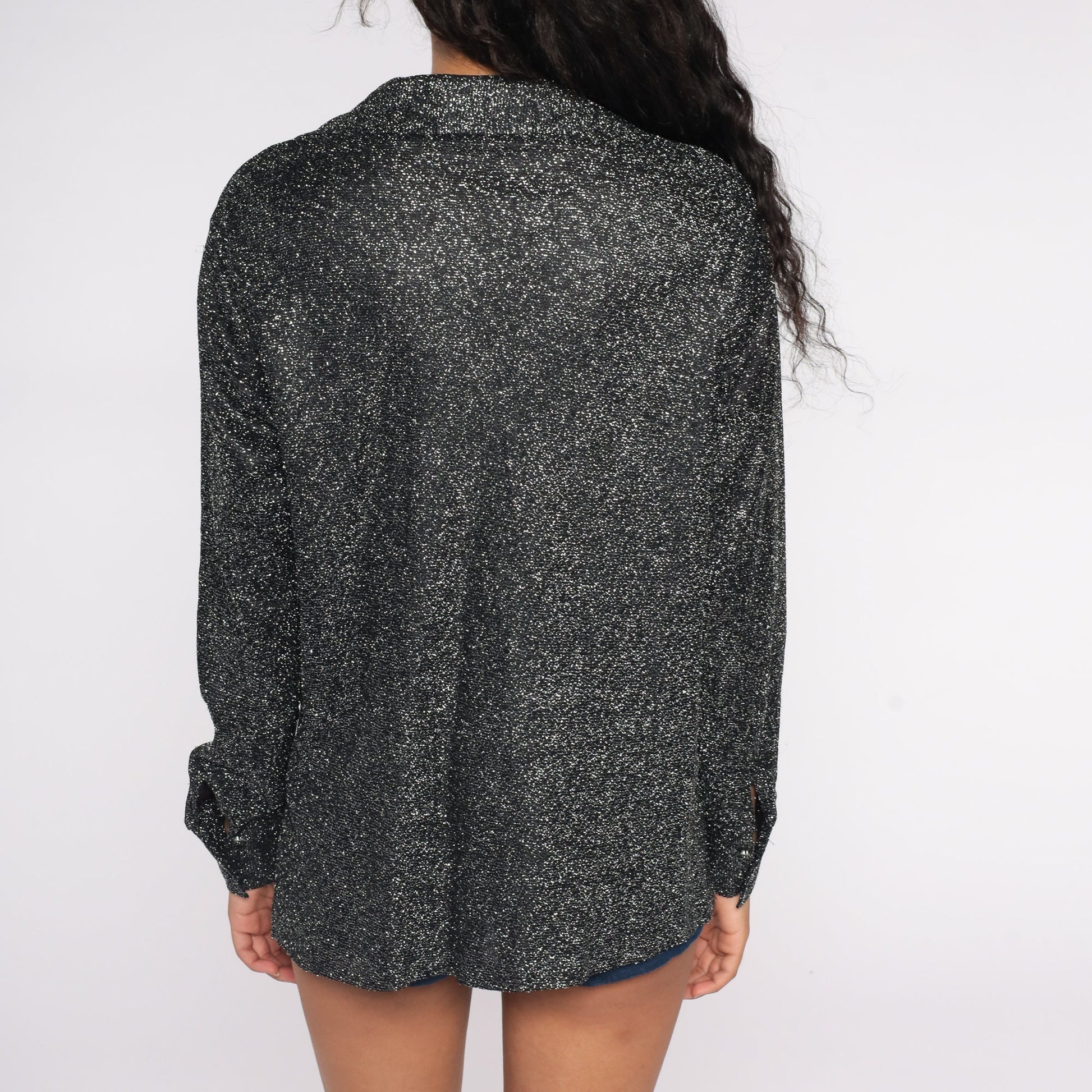 70s Silver Metallic Button-Up Blouse Long Sleeve Disco Shirt Large L