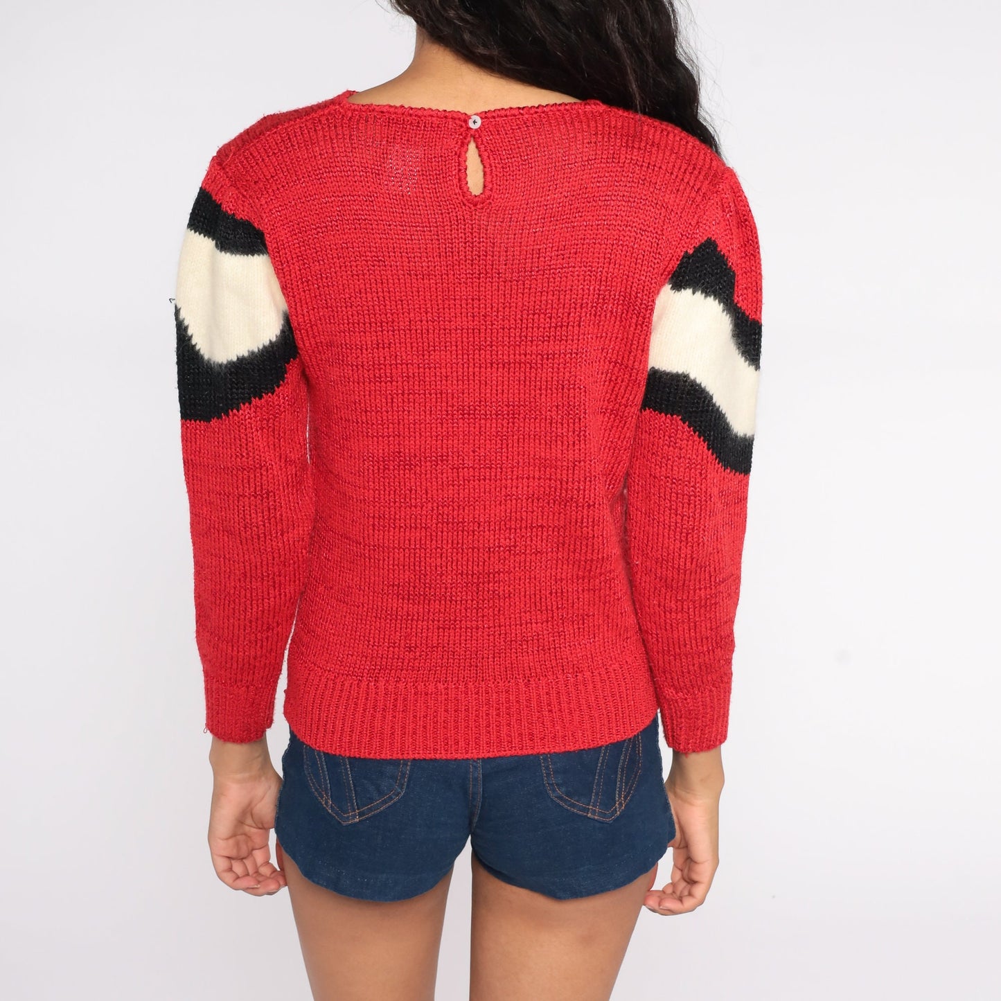 80s Puff Sleeve Sweater Red Cream Stripe Angora Wool Blend Knit Small
