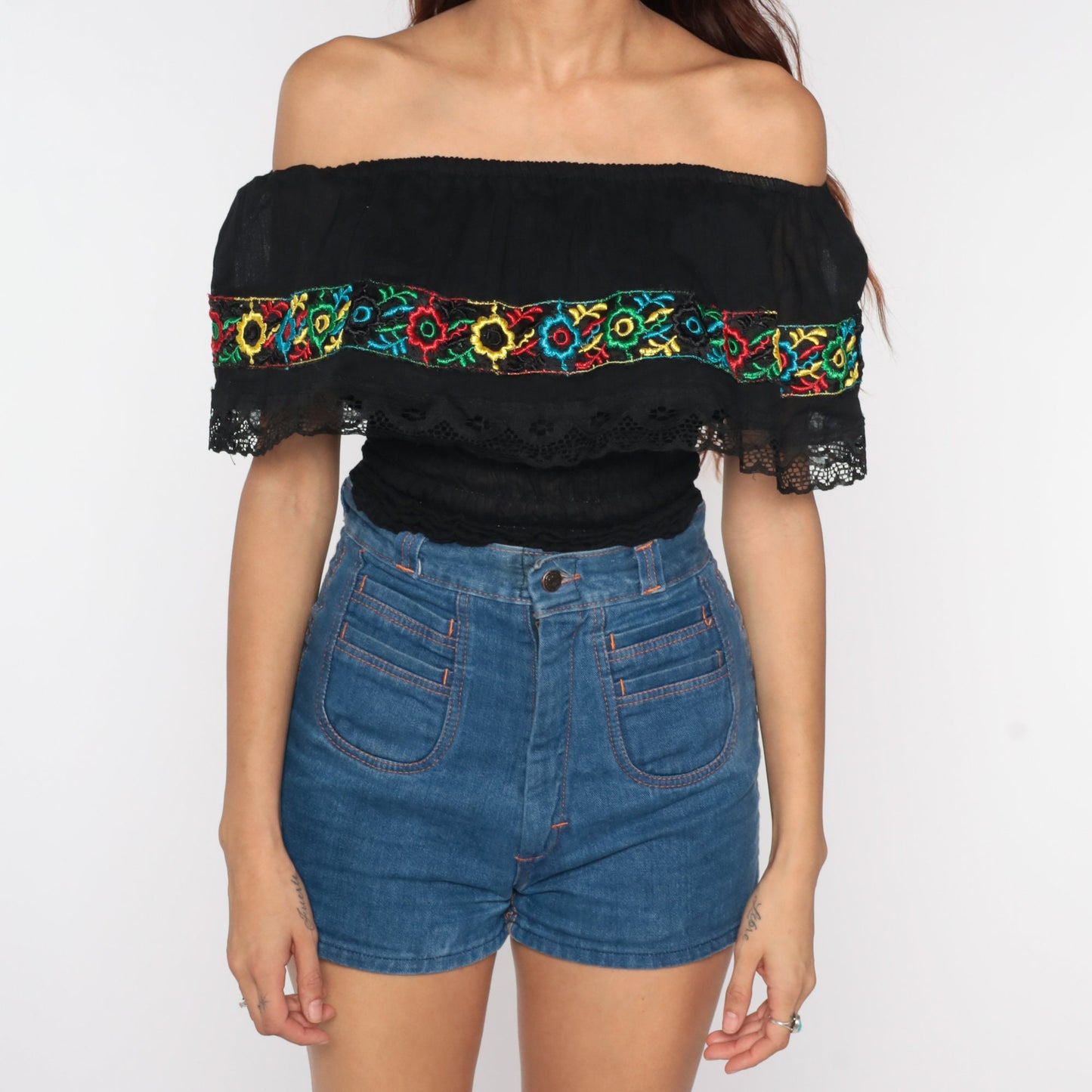 80s Black Off-Shoulder Blouse Floral Embroidered Smocked Waist Extra Small
