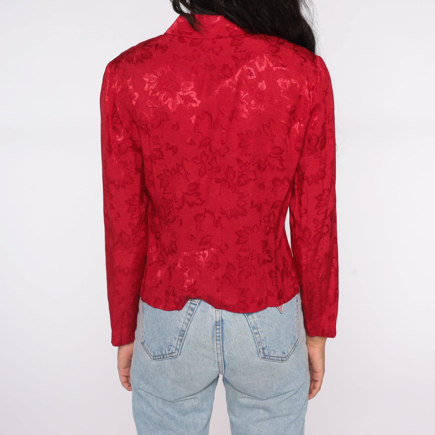 90s Red Leaf Embossed Button-Up Blouse Long Sleeve Medium M