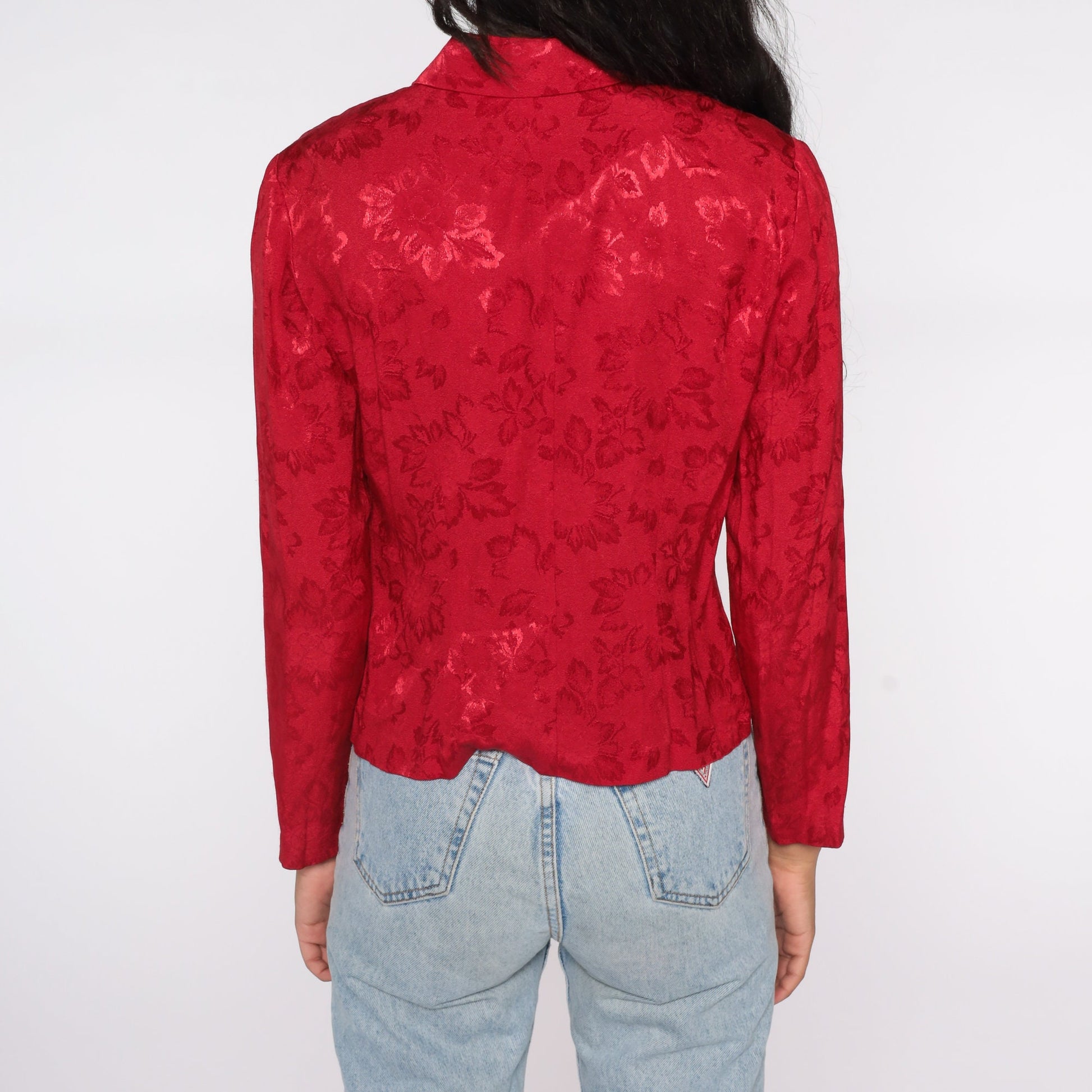 90s Red Leaf Embossed Button-Up Blouse Long Sleeve Medium M