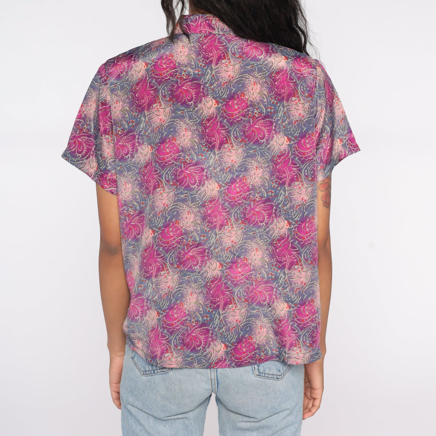 80s Abstract Print Button Up Shirt Purple Pink Psychedelic Short Sleeve Large